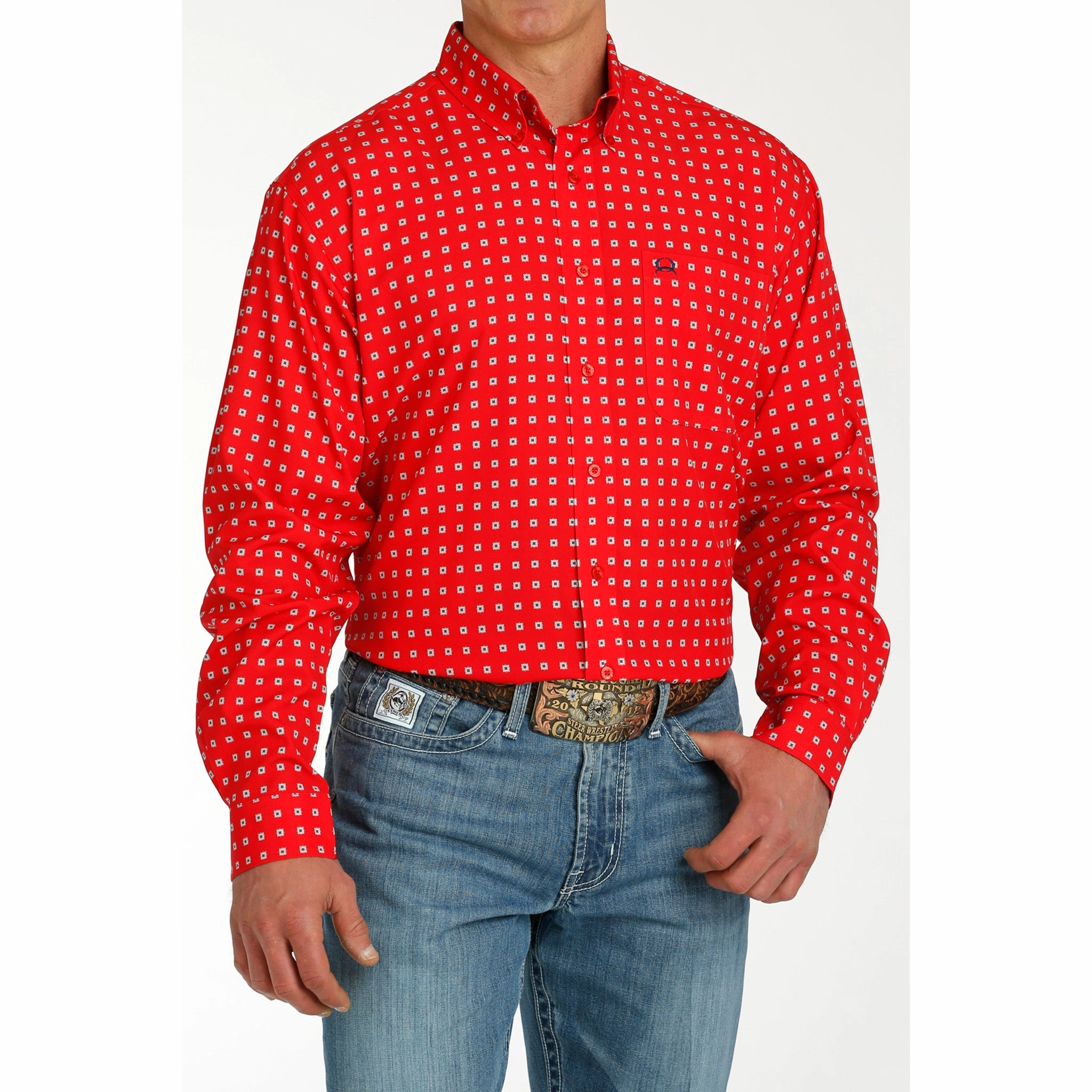 Cinch Men's Red Print Long Sleeve Laser Cut Edge Detail