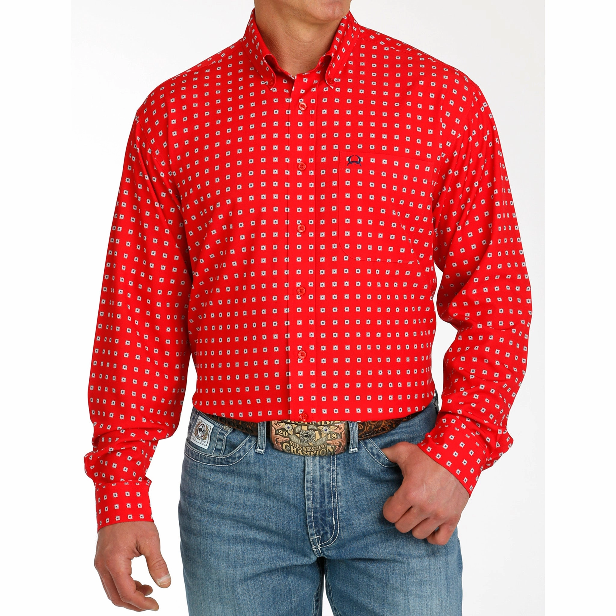 Cinch Men's Red Print Long Sleeve Gym Companion Thermoregulating Layer