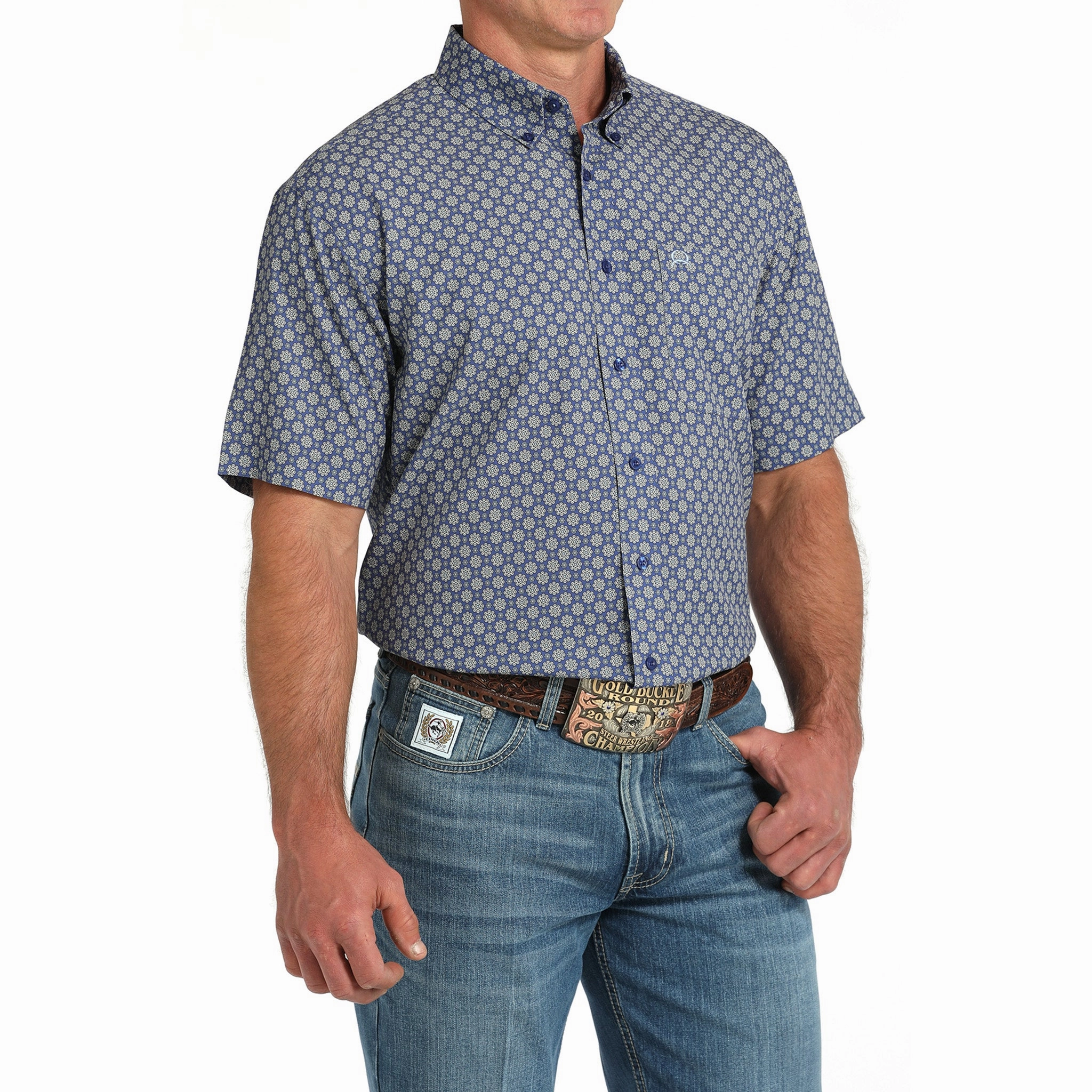 Trendsetting Denim Blend Cinch Men's Royal Geo Arena Flex Short Sleeve