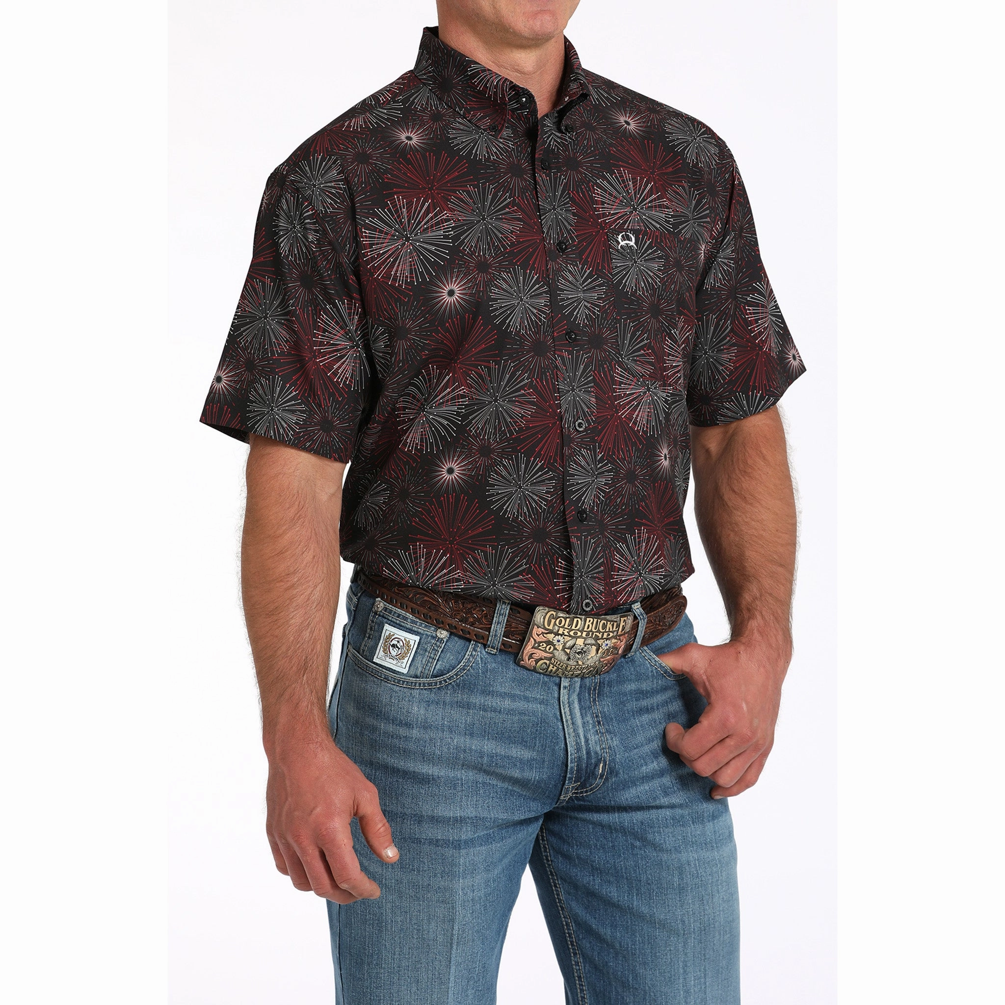 Chilly Day Wear Cinch Men's Short Sleeve Black Firework Shirt