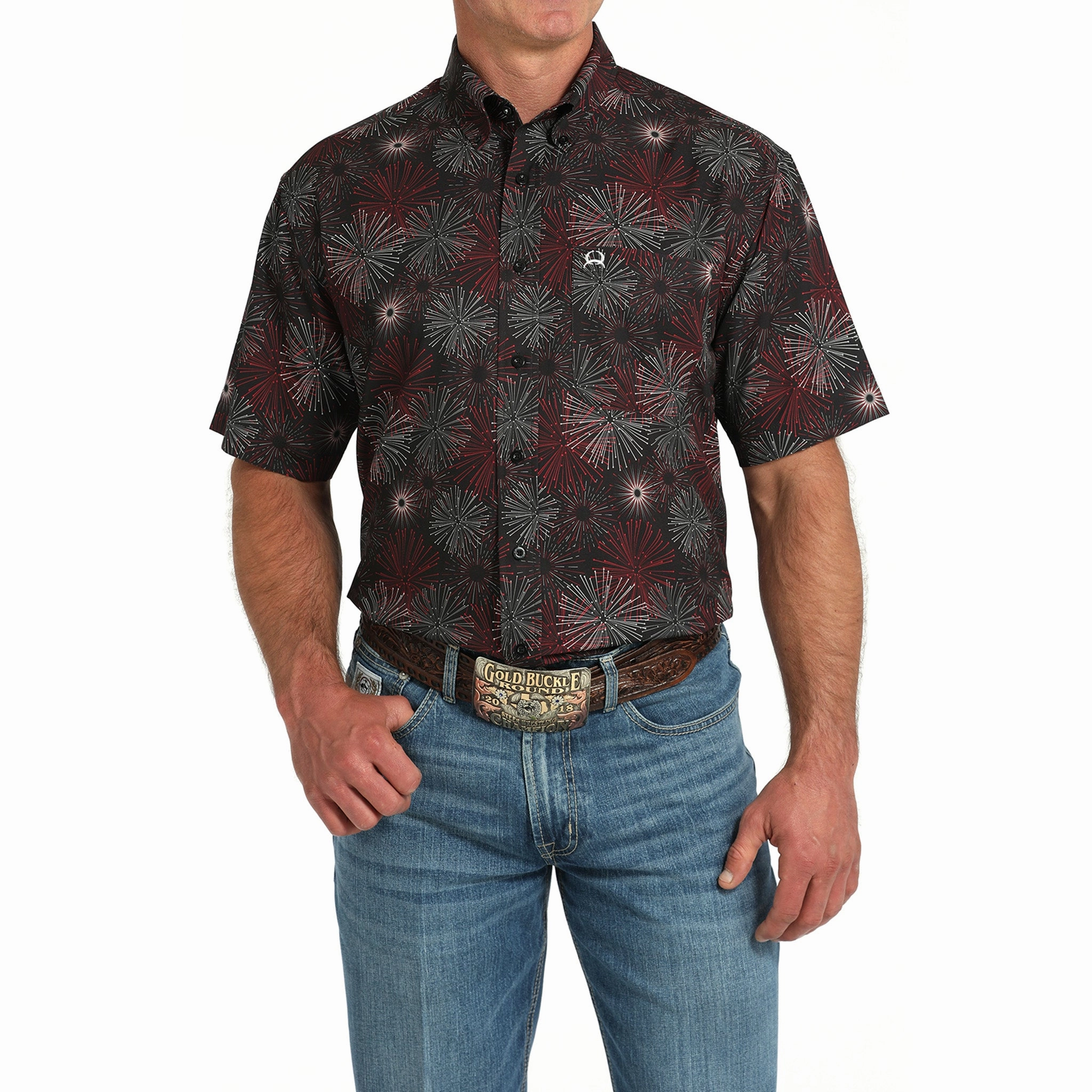 Slim Silhouette Cinch Men's Short Sleeve Black Firework Shirt