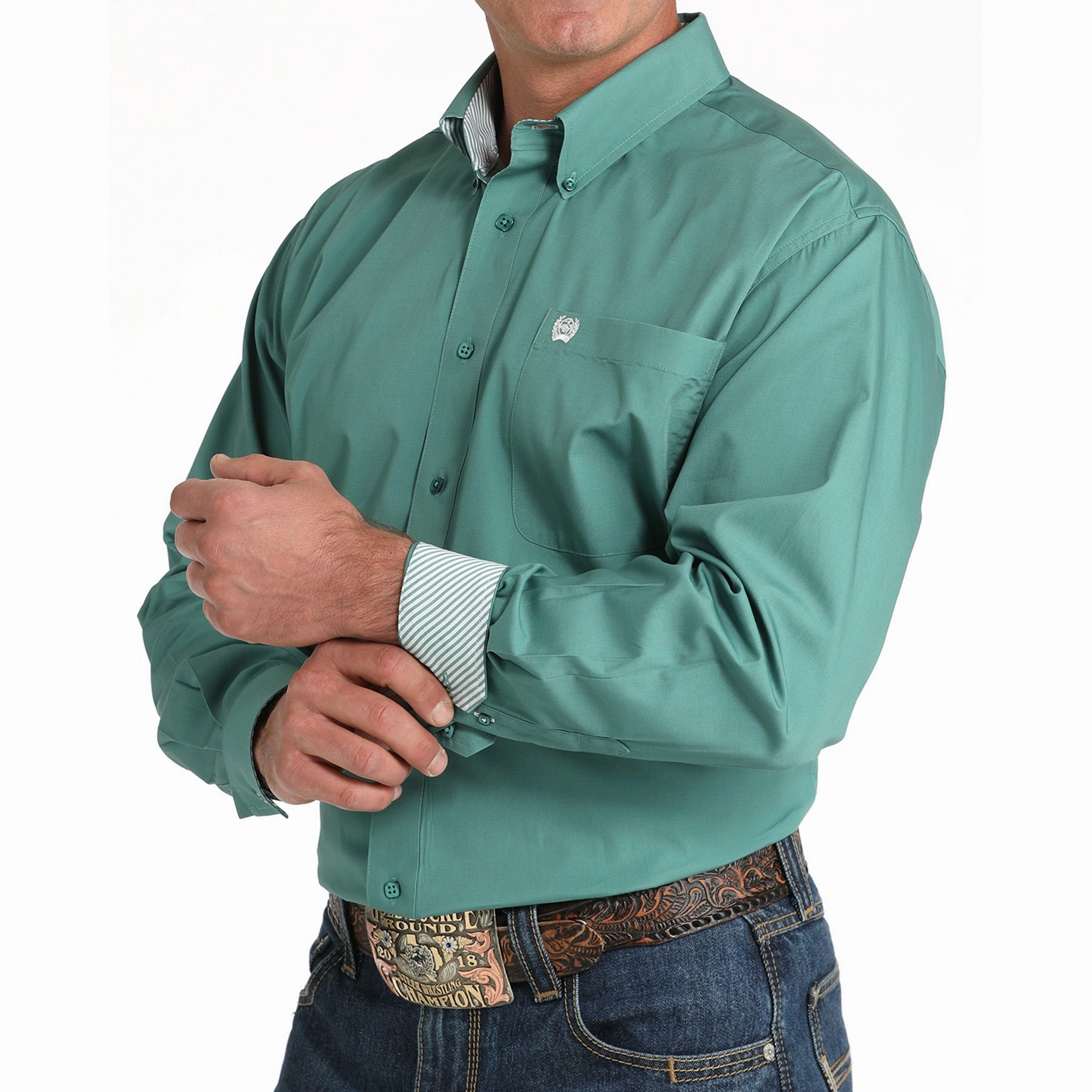Cinch Men's Solid Green Long Sleeve Shirt crew neck All-day Comfort