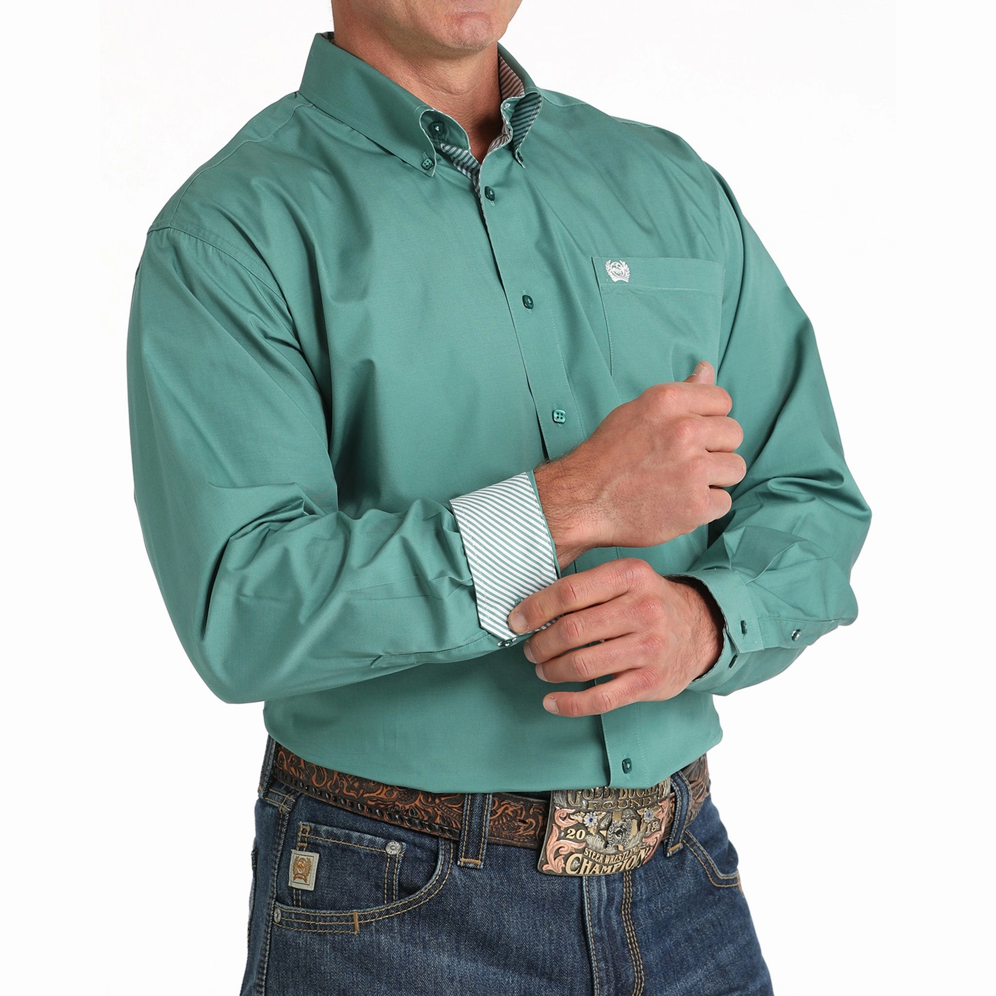 Cinch Men's Solid Green Long Sleeve Shirt Brushed Inner Lining Flexible Material