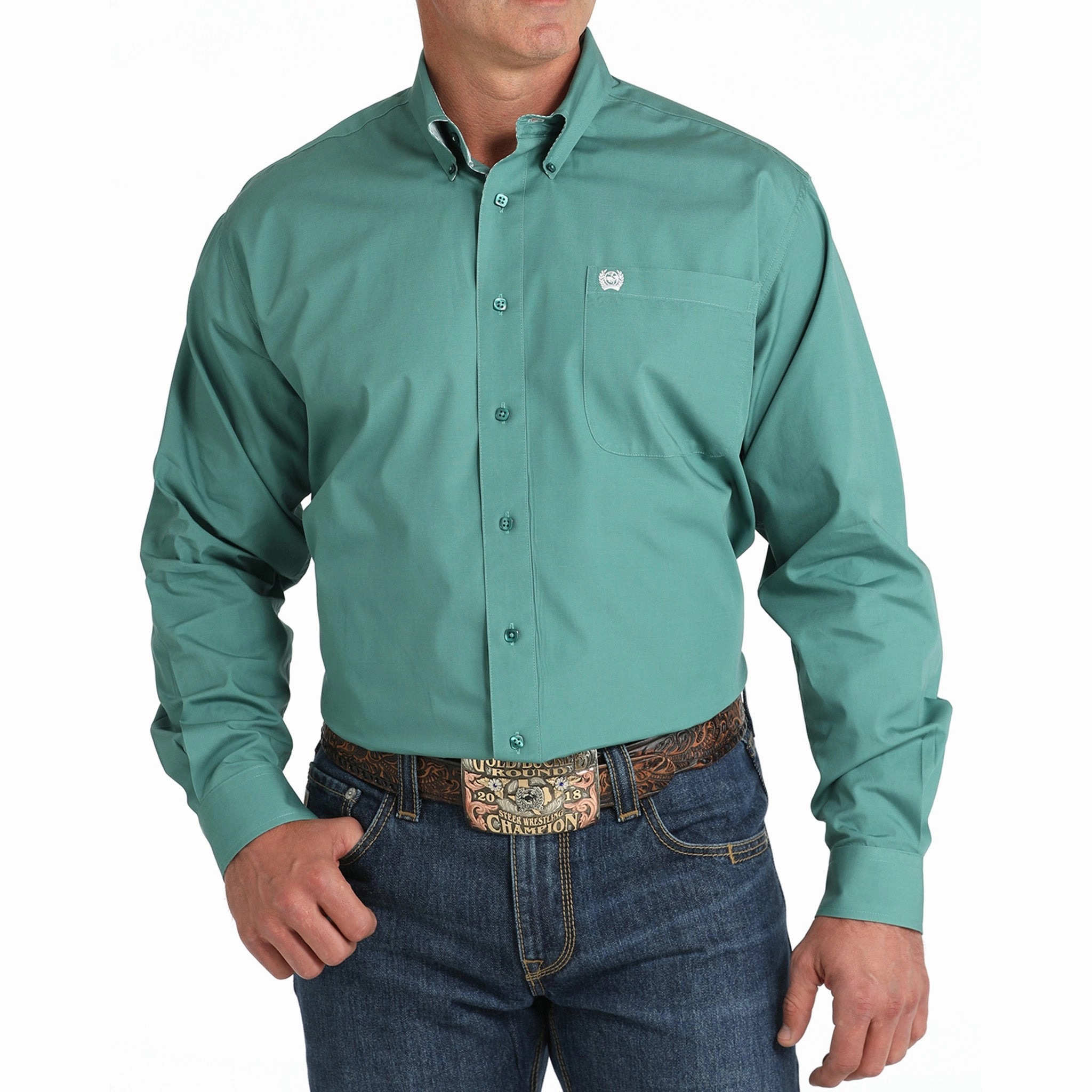 Lightweight Material Cinch Men's Solid Green Long Sleeve Shirt