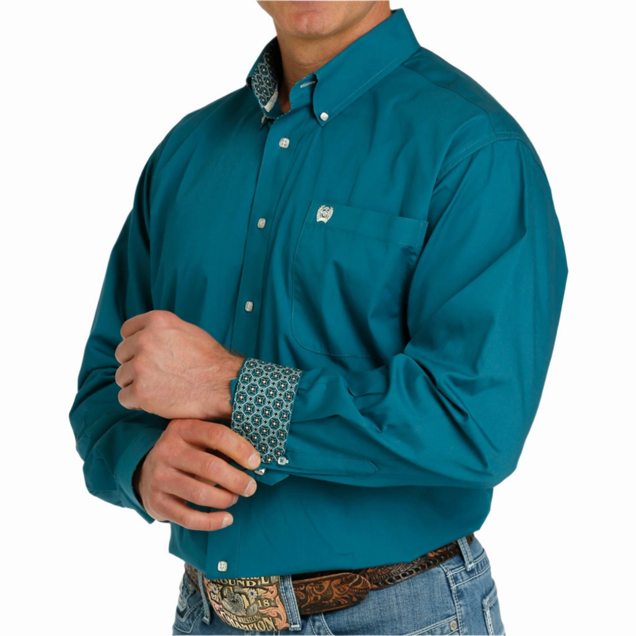 Cinch Men's Solid Teal Long Sleeve Shirt Thermoregulating Fabric Weekend Wear