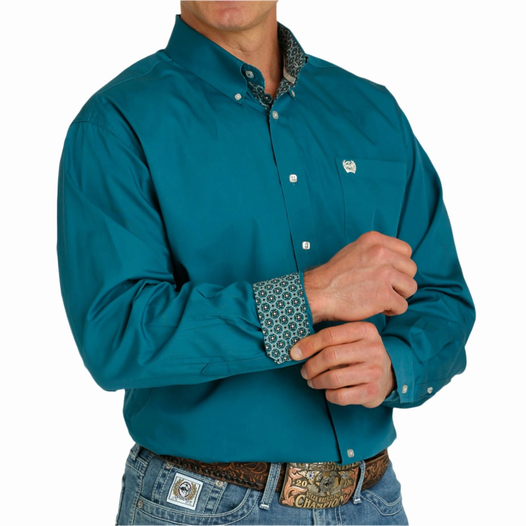 Cinch Men's Solid Teal Long Sleeve Shirt Runway Inspired