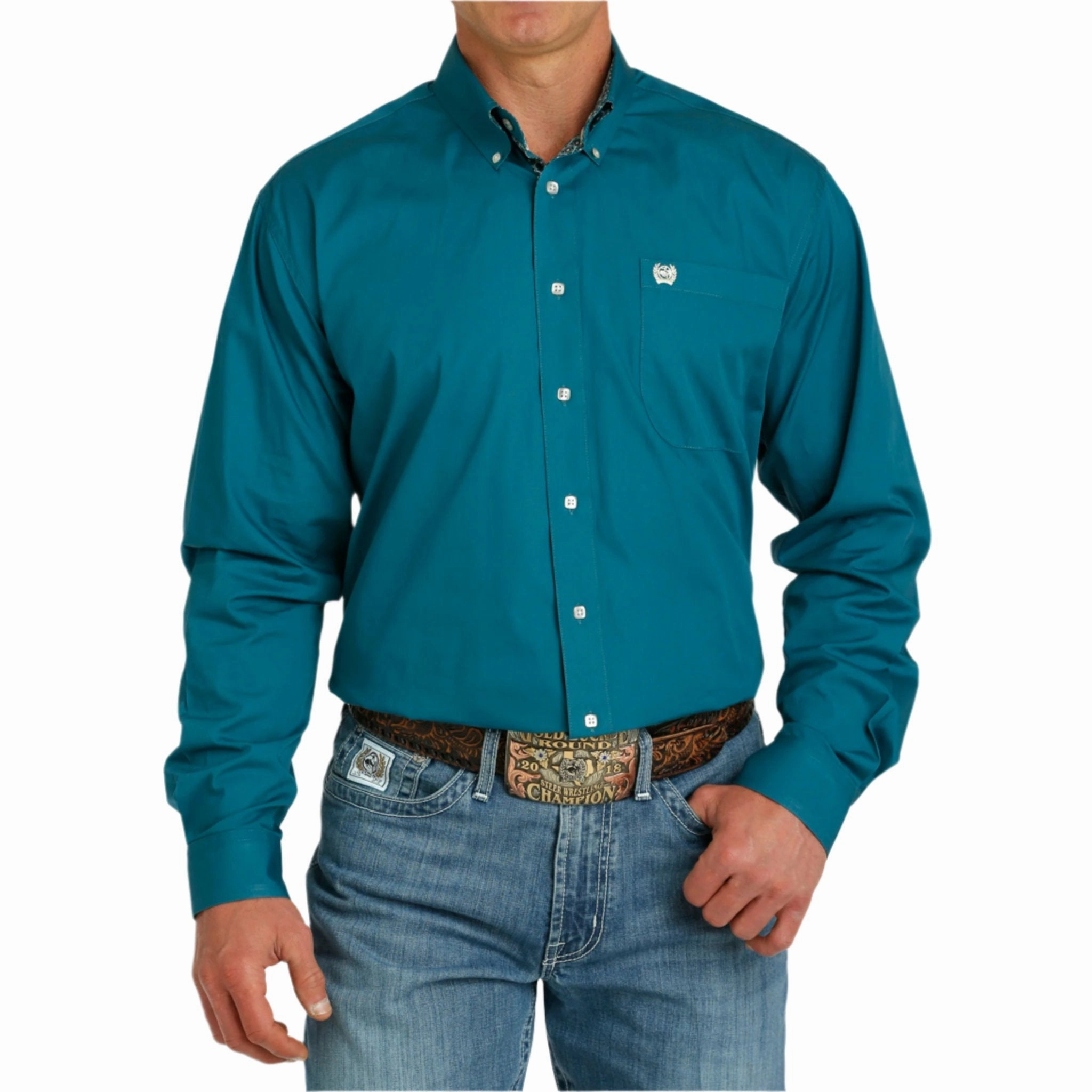 Versatile Layering Piece Cinch Men's Solid Teal Long Sleeve Shirt