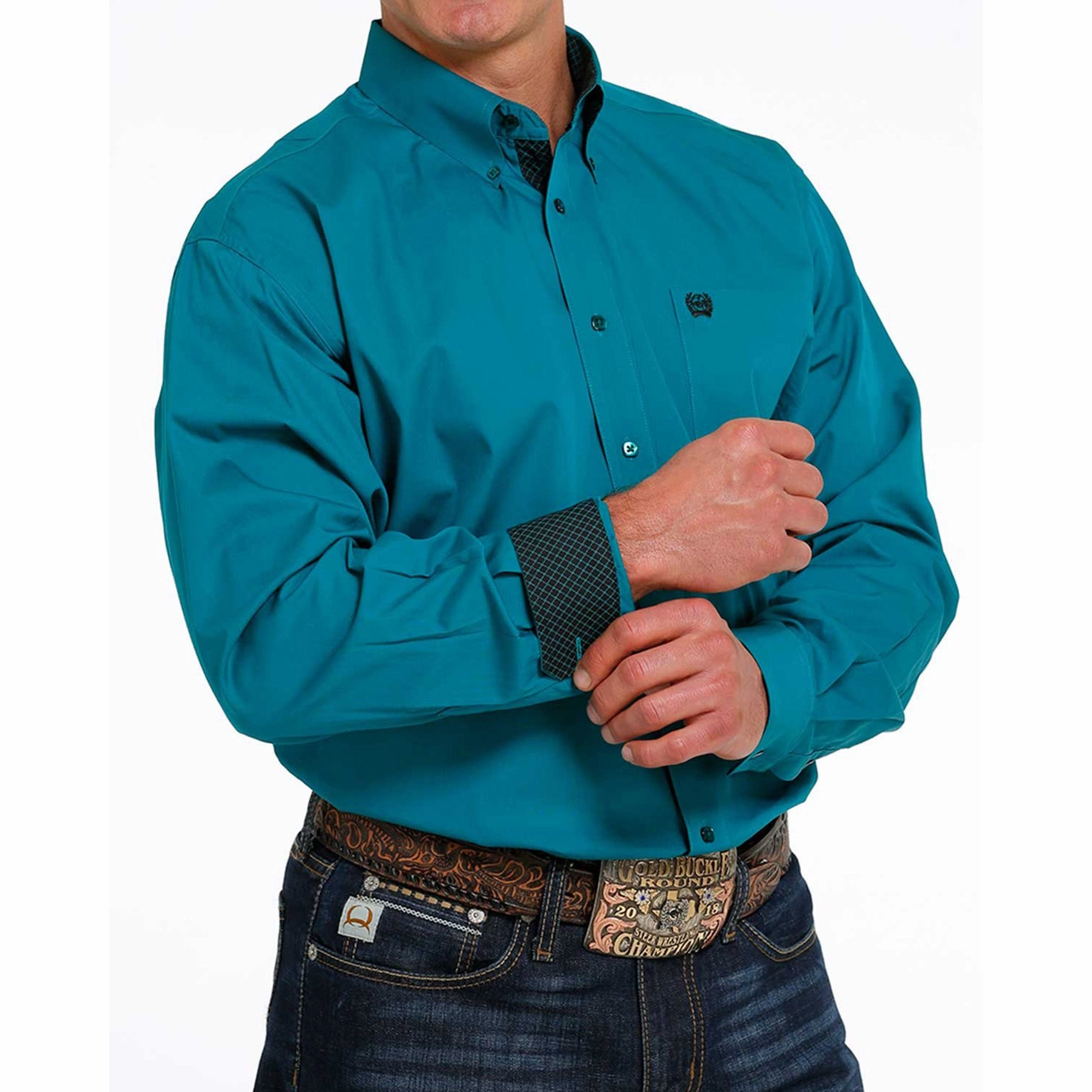 Preppy Vibe Floral Motif Cinch Men's Solid Teal Shirt