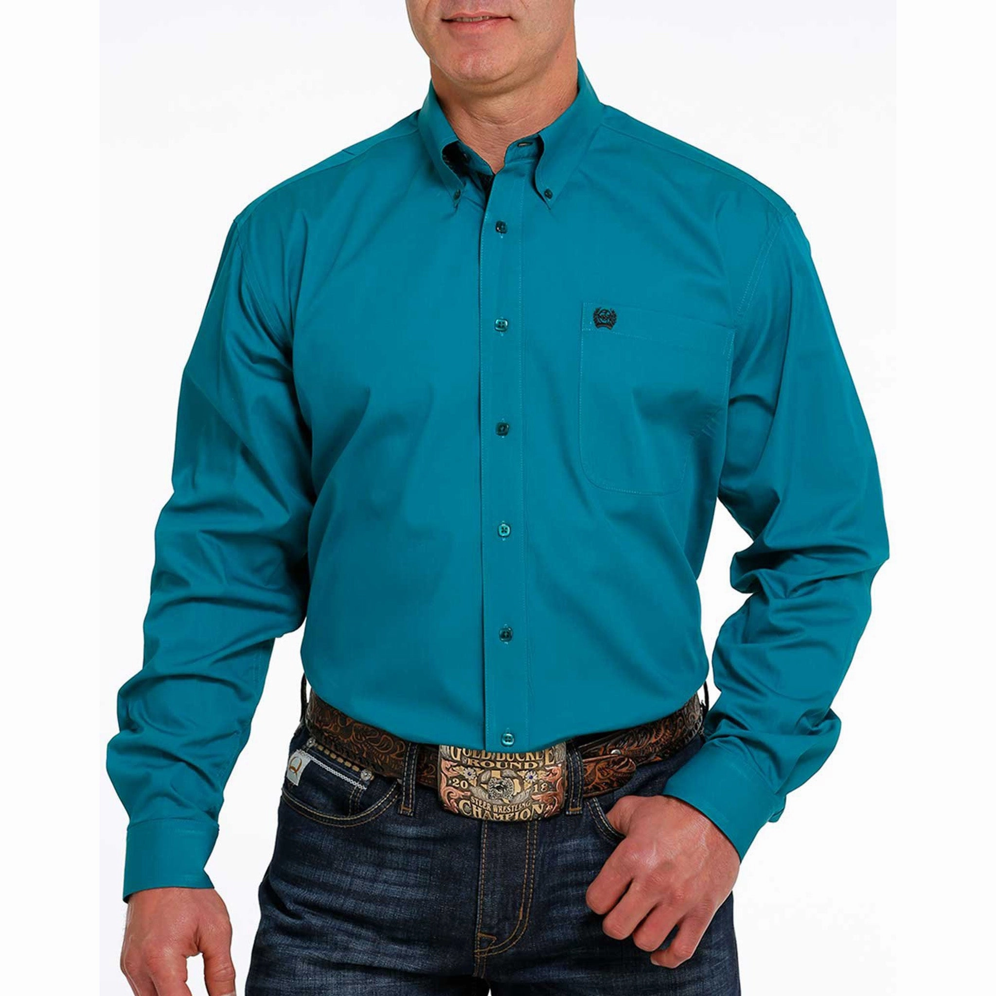 Button Down Design Cinch Men's Solid Teal Shirt