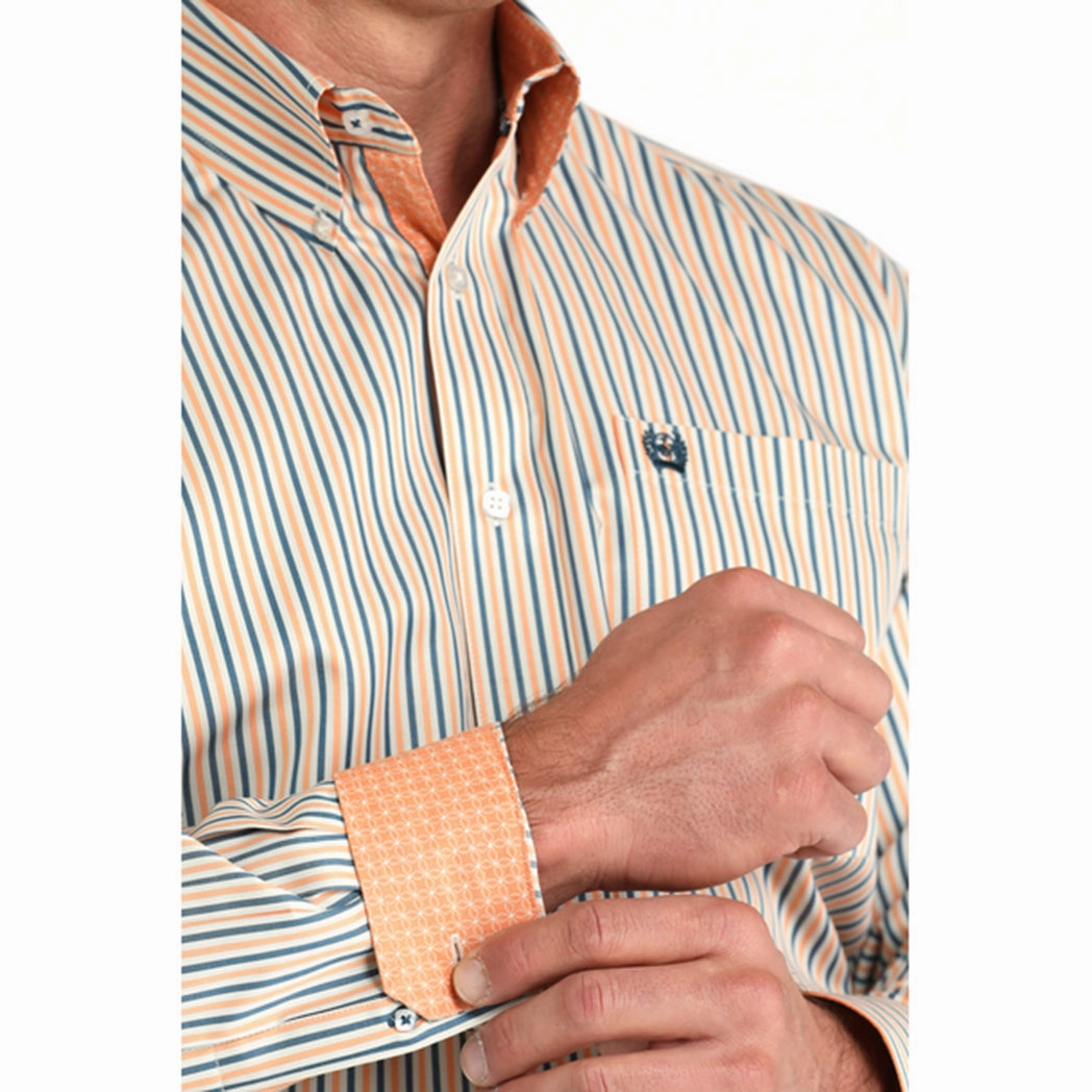 Layered Collar Minimalist Closure Cinch Men's Tencel Cream Stripe Print Long Sleeve Shirt