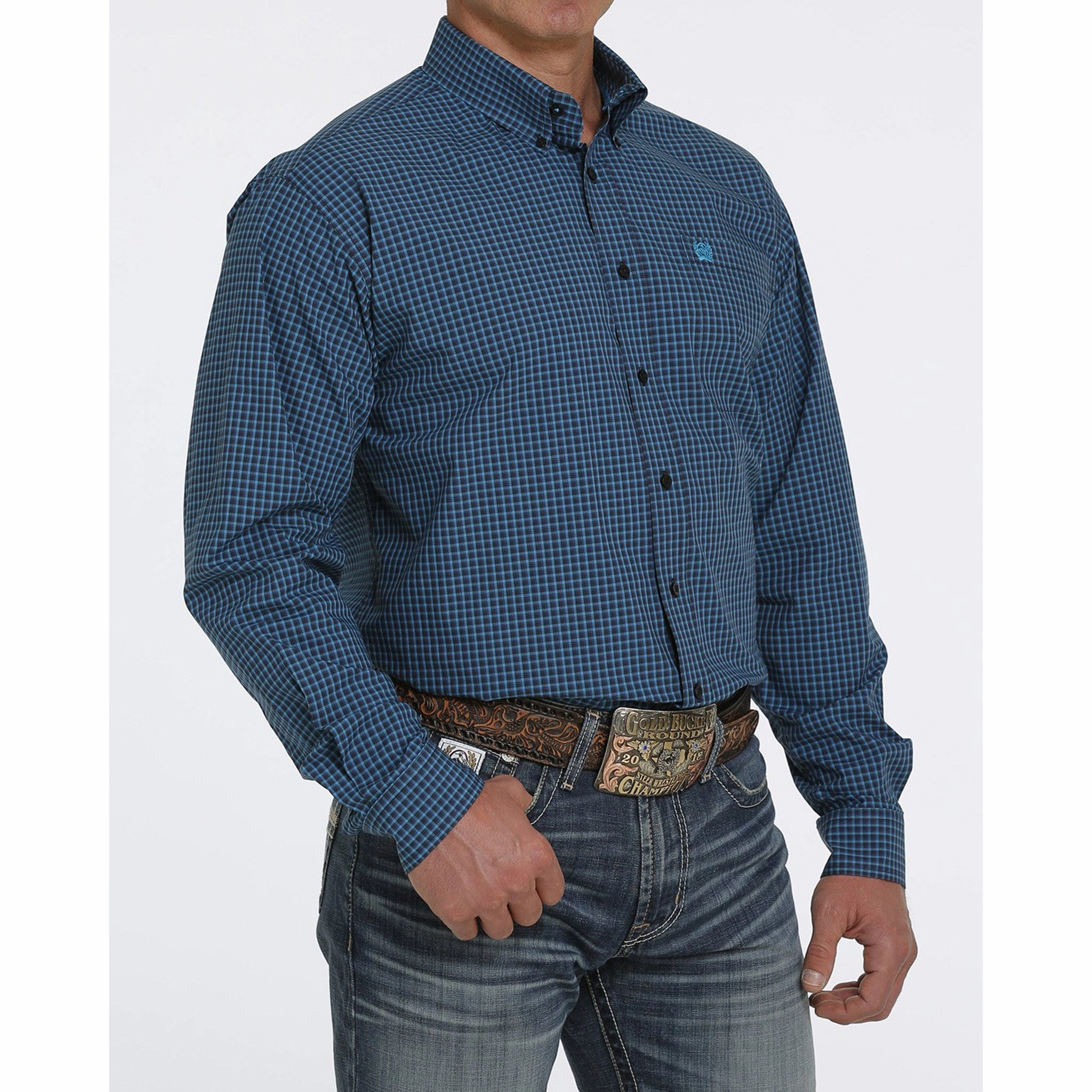 Structured Collar Unstructured Shoulder Cinch Men's Turquoise and Navy Shirt