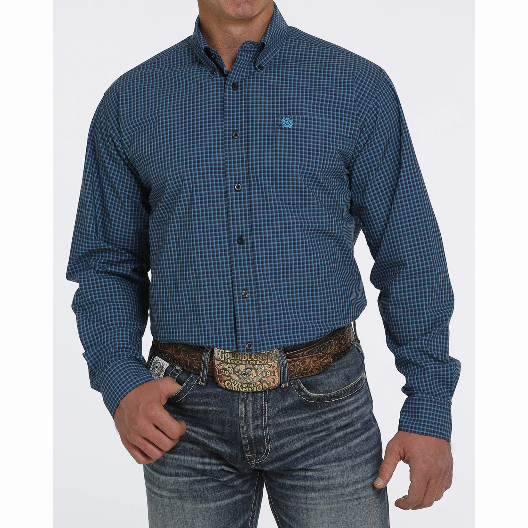 Durable Thread Construction Cinch Men's Turquoise and Navy Shirt