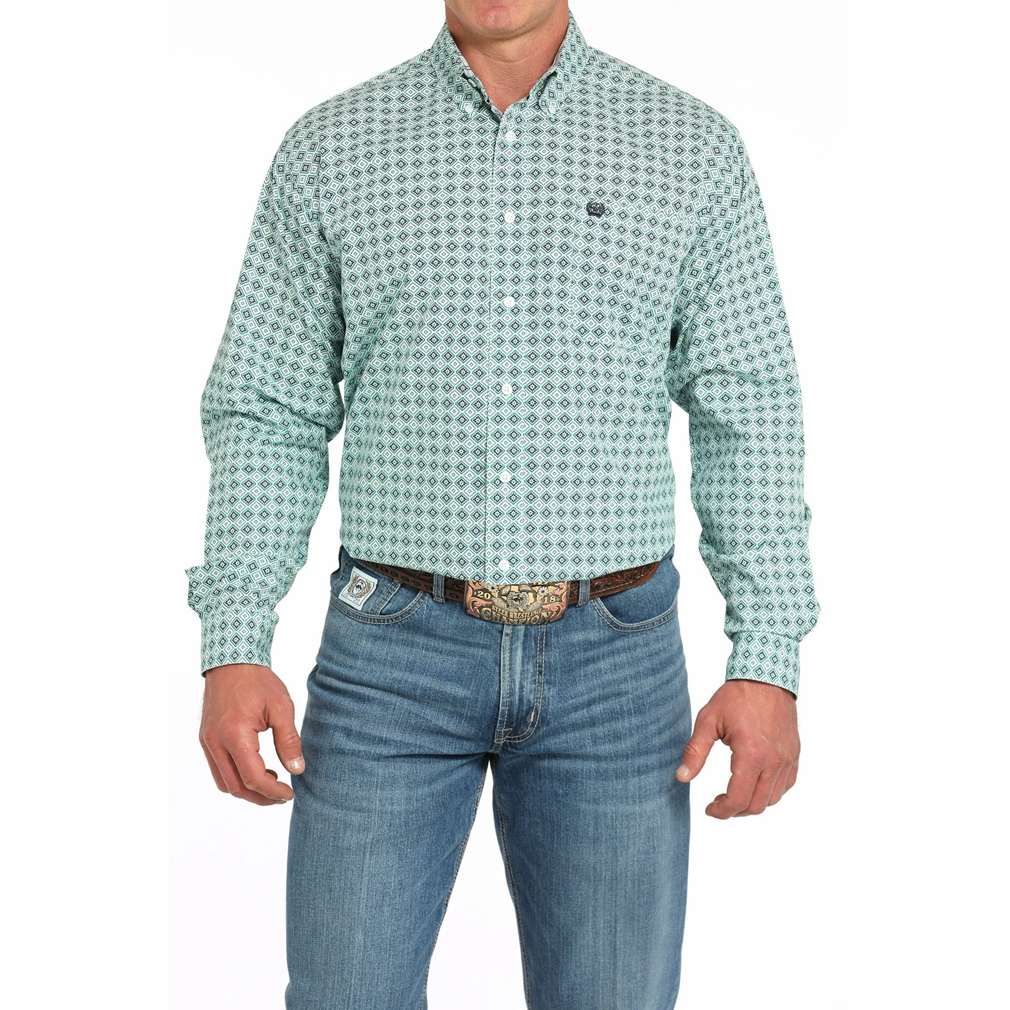 Bold Prints Stylish Detail Cinch Men's Turquoise Print Long Sleeve