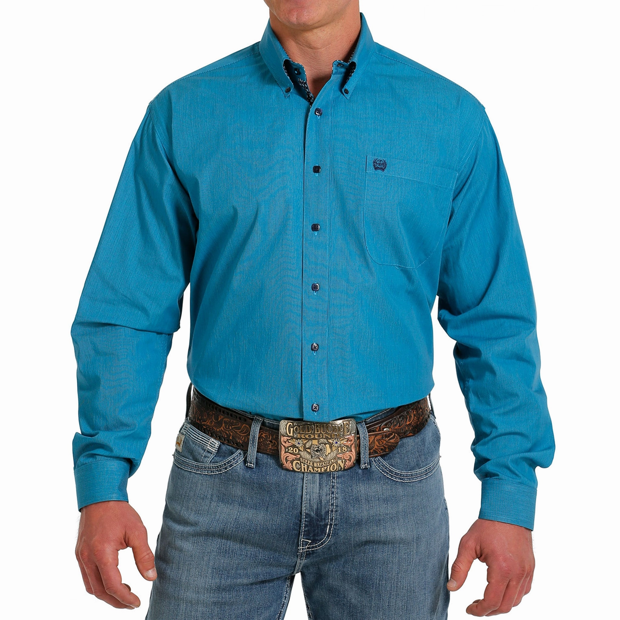 Cinch Men's Turquoise Striped Long Sleeve Shirt Seamless Shoulder Construction