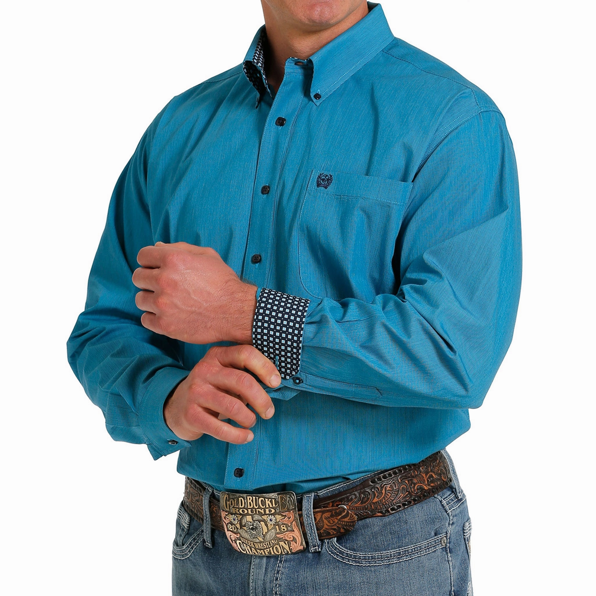 Cinch Men's Turquoise Striped Long Sleeve Shirt Shimmer Effect