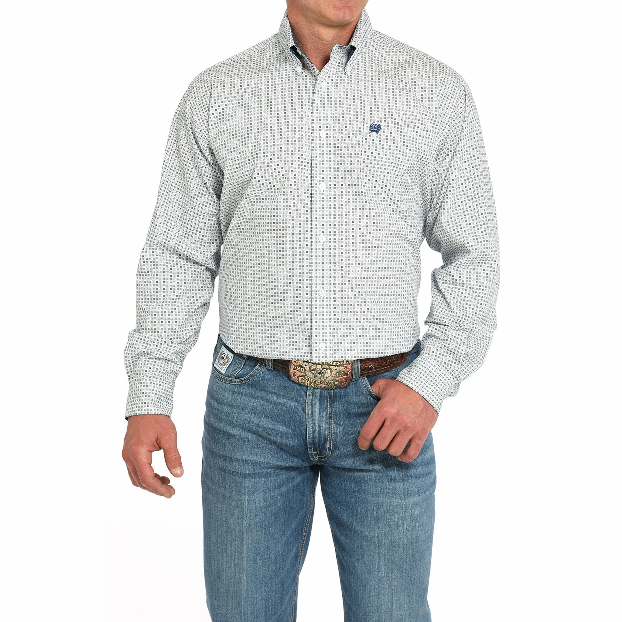 Flex Fit Collar Cinch Men's White Geo Print Long Sleeve