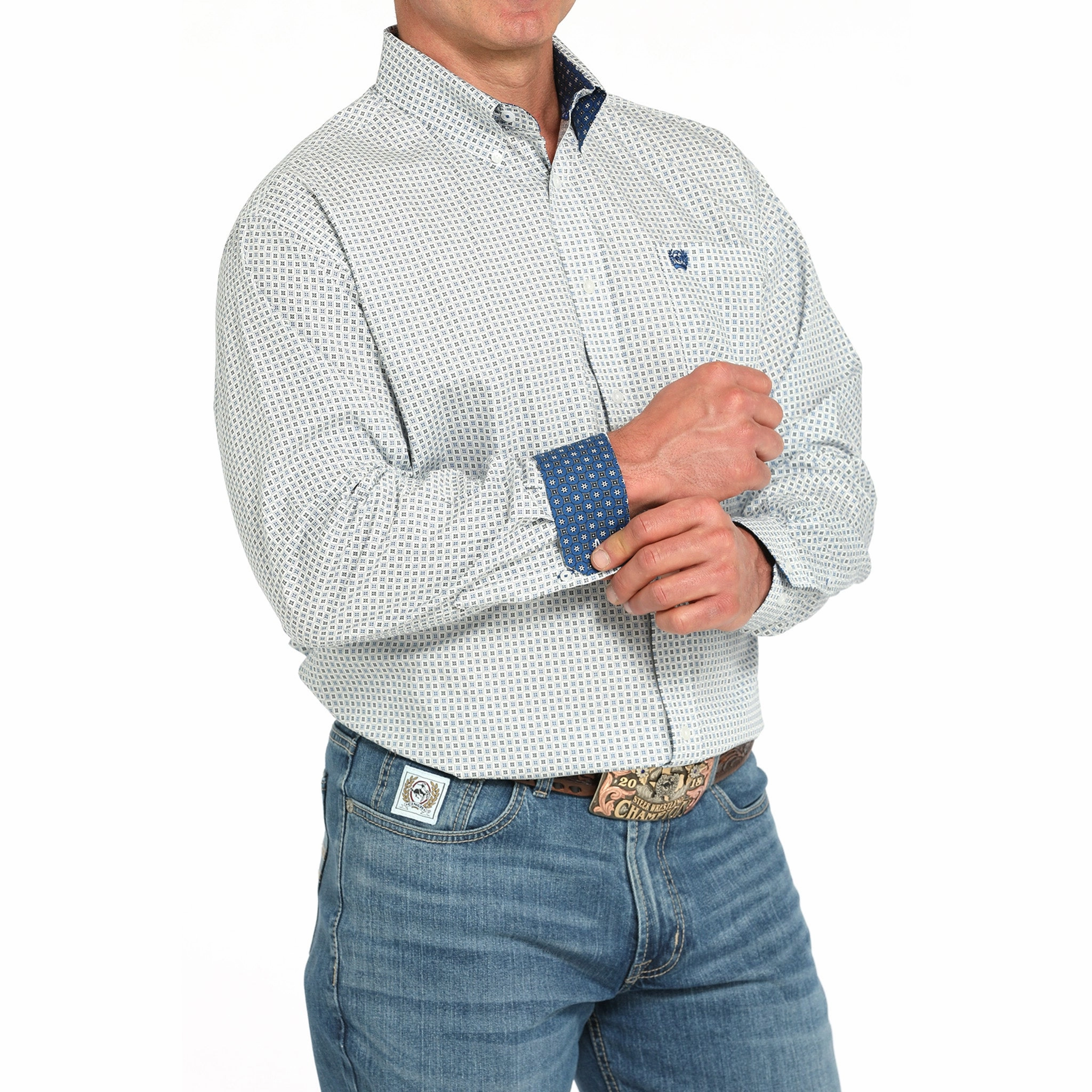 Cinch Men's White Geo Print Long Sleeve Versatile Clothing Distressed finish