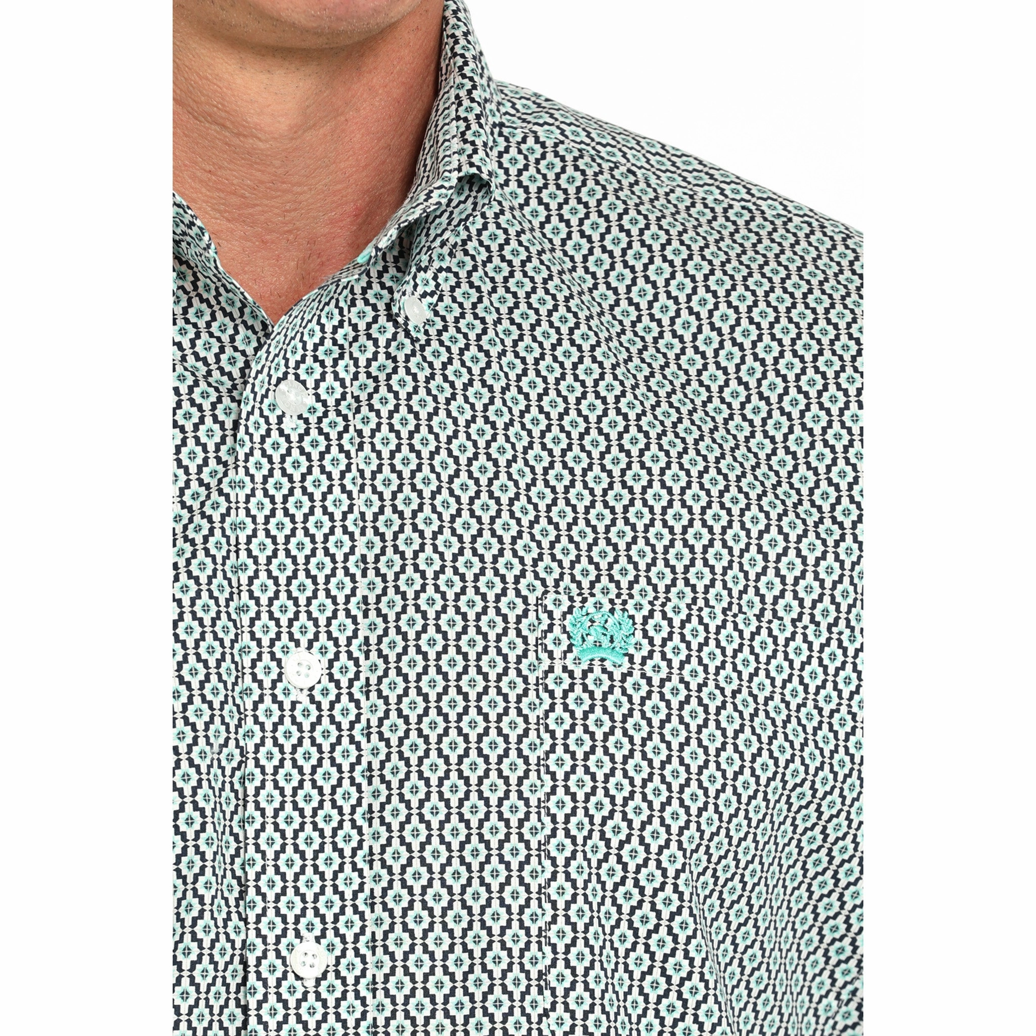 Cinch Men's White, Turquoise and Navy Geo Long Sleeve Shirt Athleisure Trend Trendsetting Design