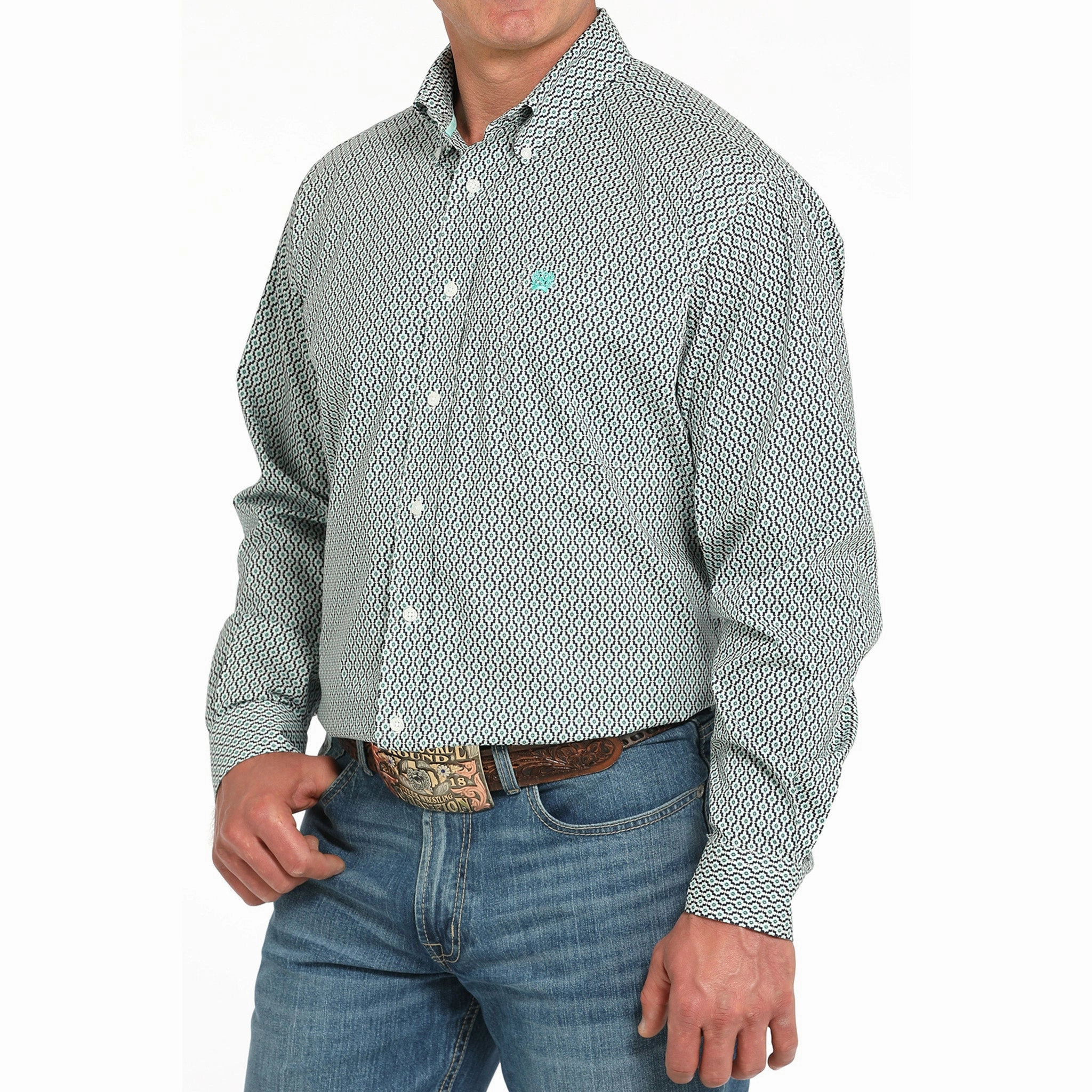 Cinch Men's White, Turquoise and Navy Geo Long Sleeve Shirt Stylish Element