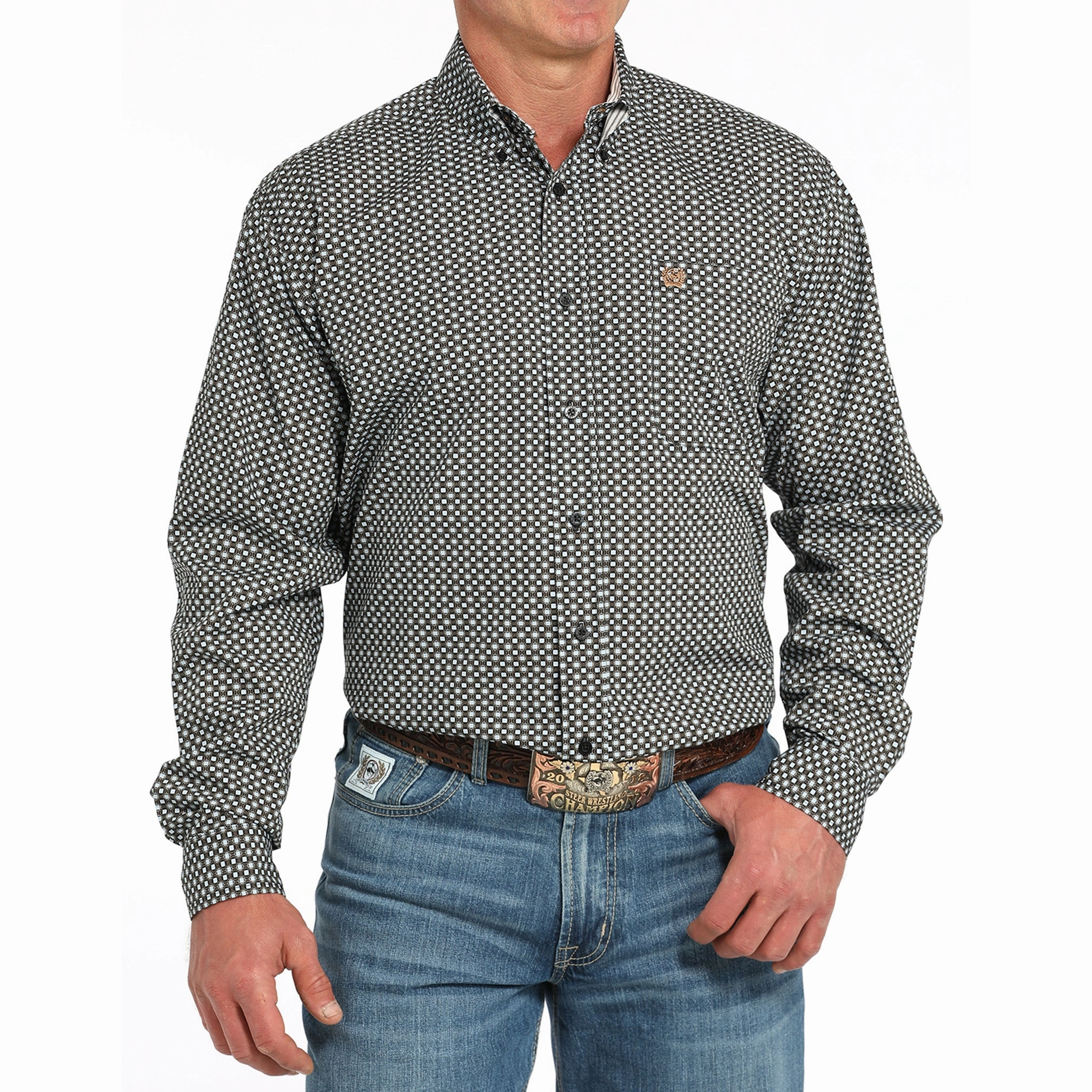 Low Maintenance Cinch Mens Geo Black Long Sleeve Button Down