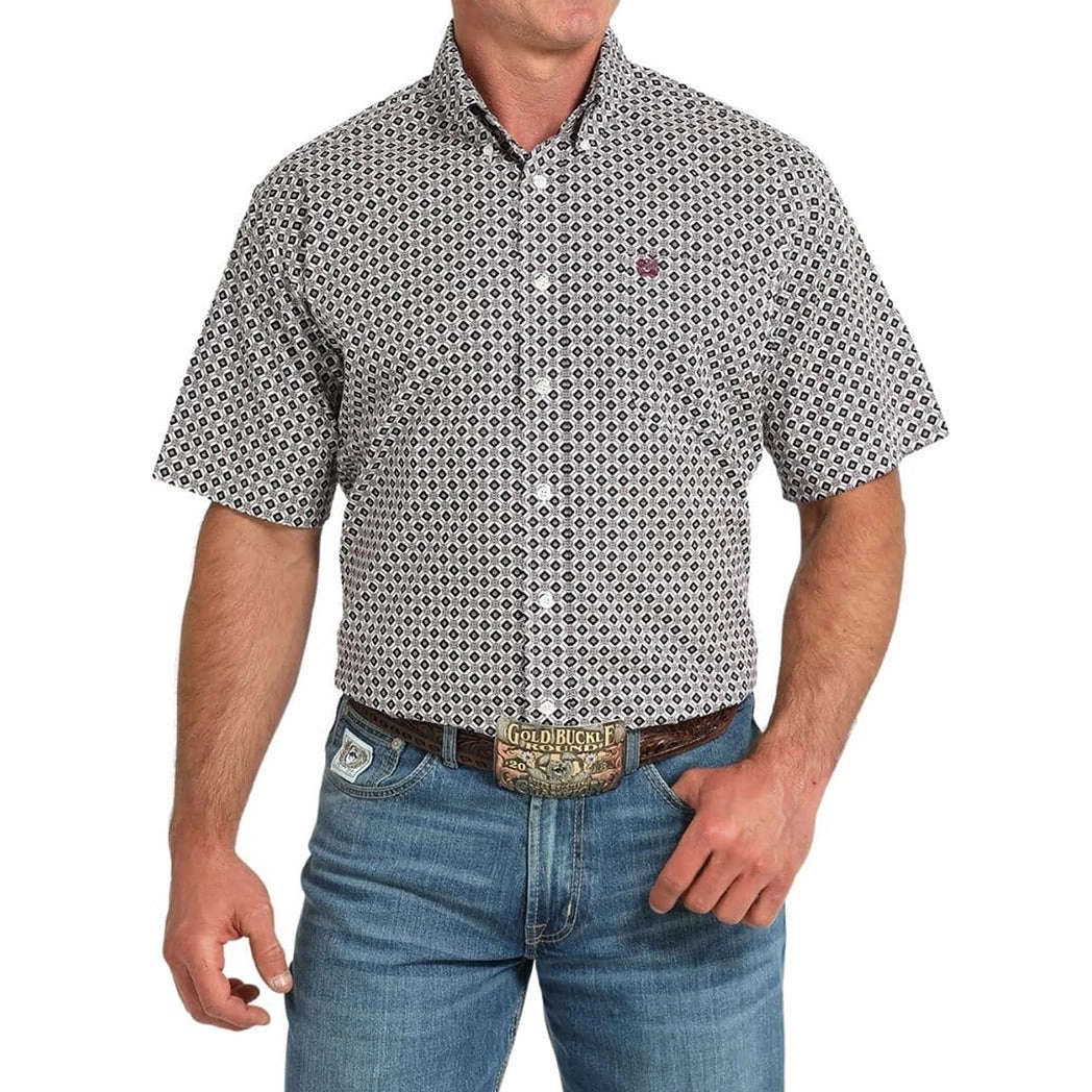 Cinch Mens White/Black Diamond Short Sleeve Durable Buttons