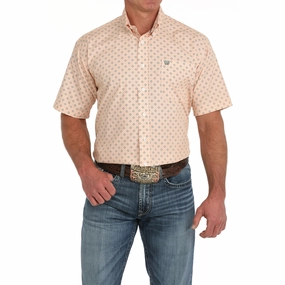 Cinch Peach Geo Print Short Sleeve Work-to-Weekend Hidden Button Placket