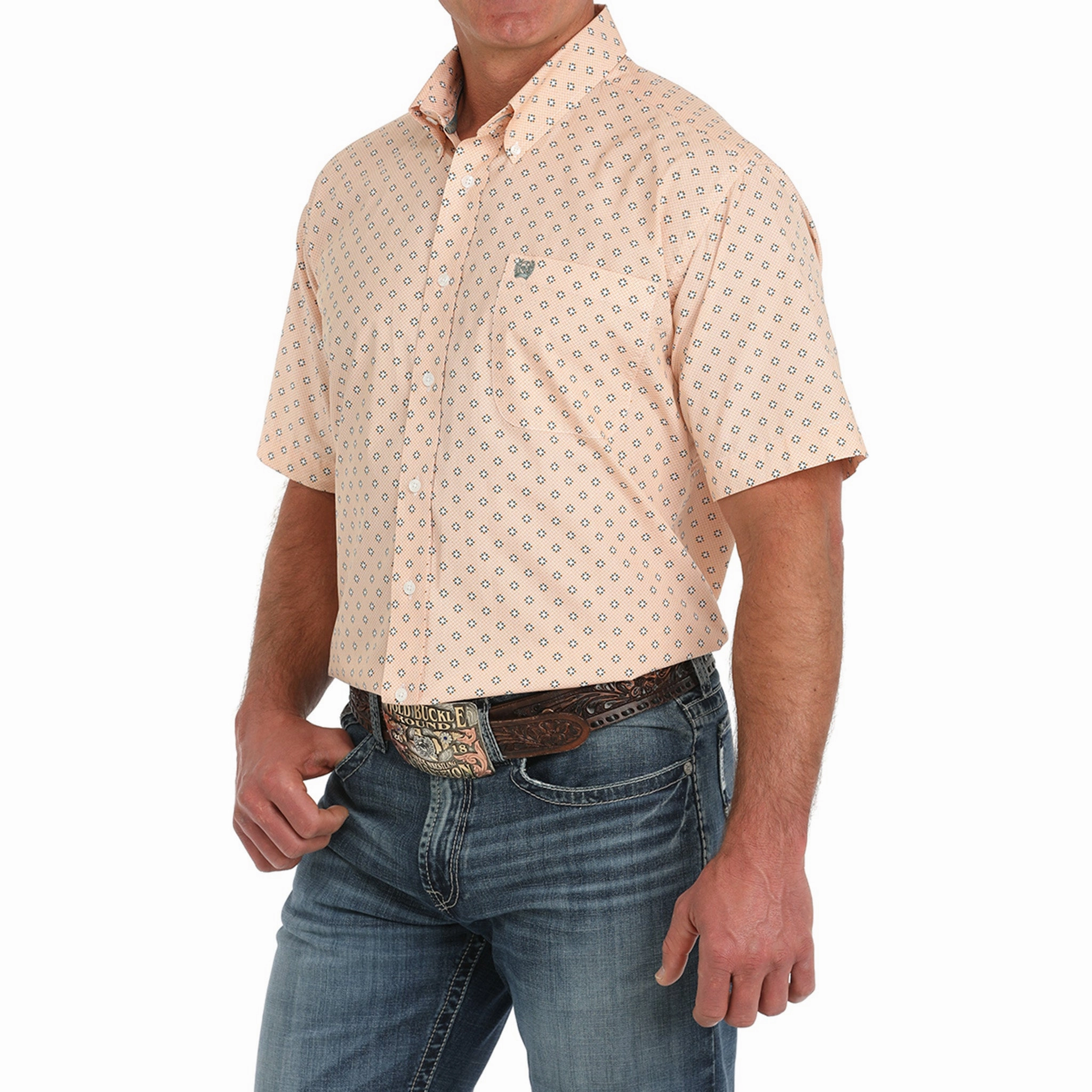 Cinch Peach Geo Print Short Sleeve Cozy Fit Perfect Wear