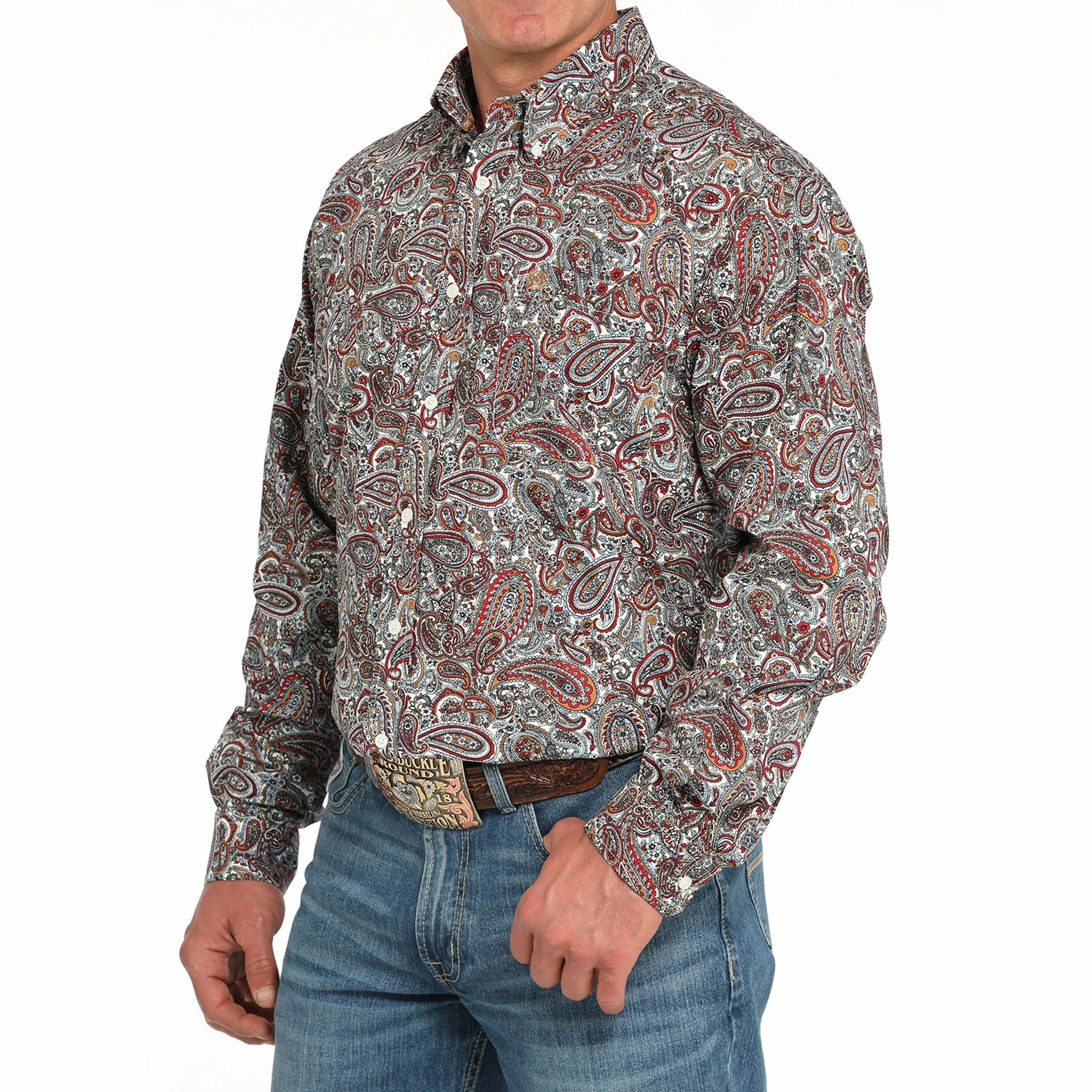 Cinch Red & White Paisley Long Sleeve Shirt Layered Hemline