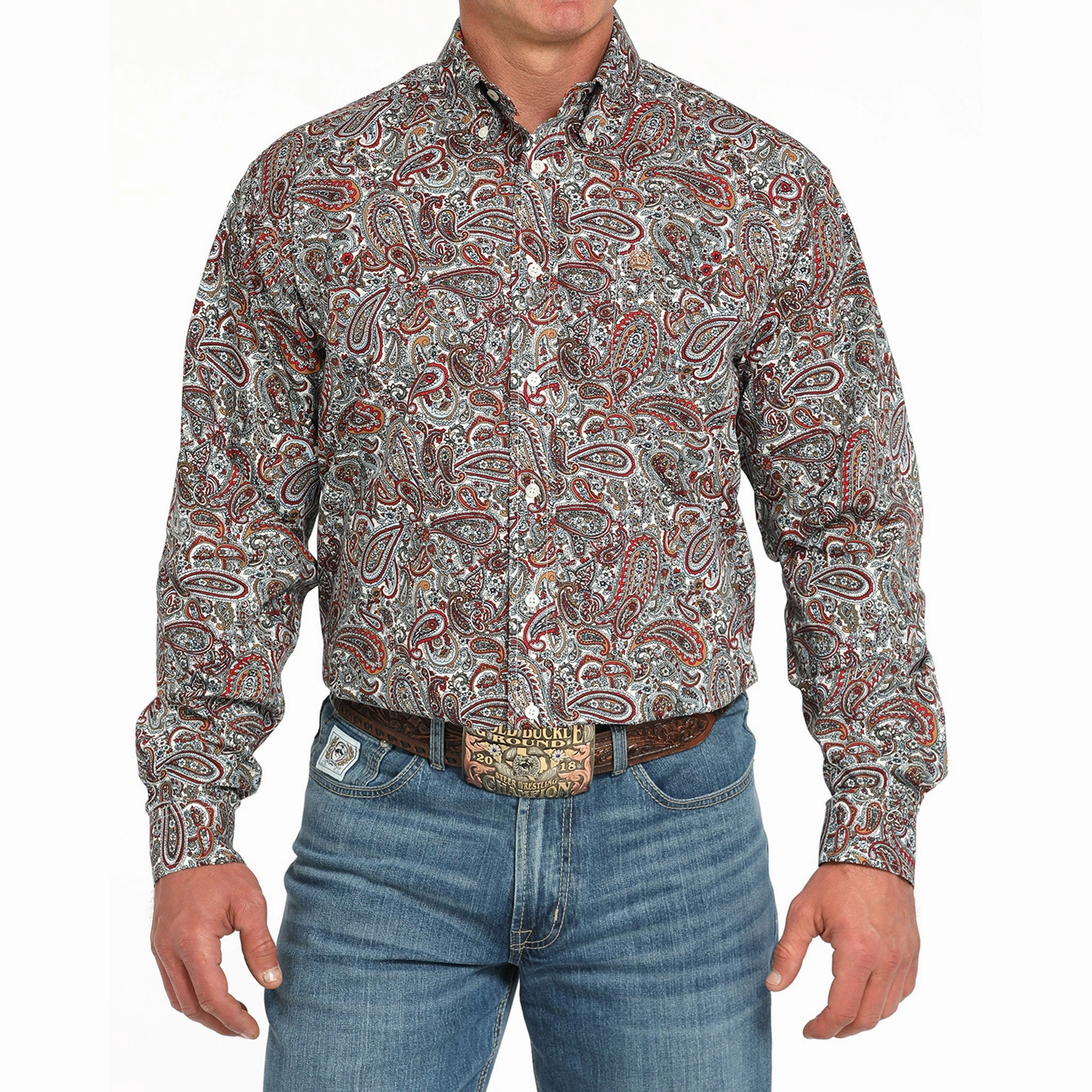 Fashion Forward Design Workwear Casual Cinch Red & White Paisley Long Sleeve Shirt