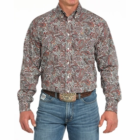 Fashion Forward Design Workwear Casual Cinch Red & White Paisley Long Sleeve Shirt
