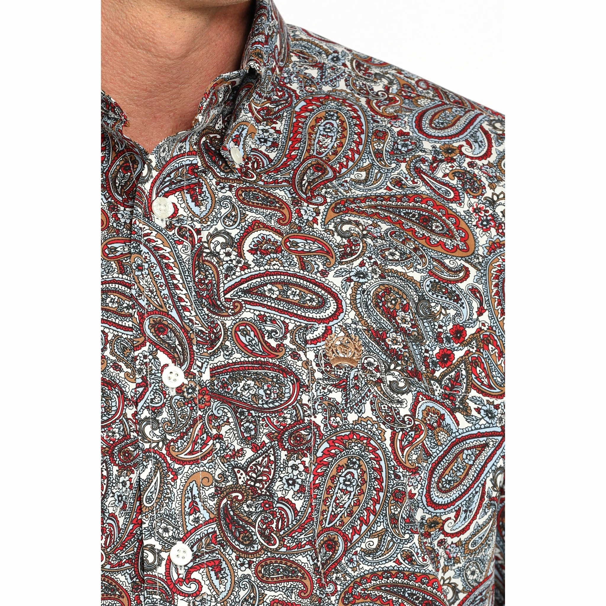 Contemporary Style Trendy Fashion Cinch Red & White Paisley Long Sleeve Shirt