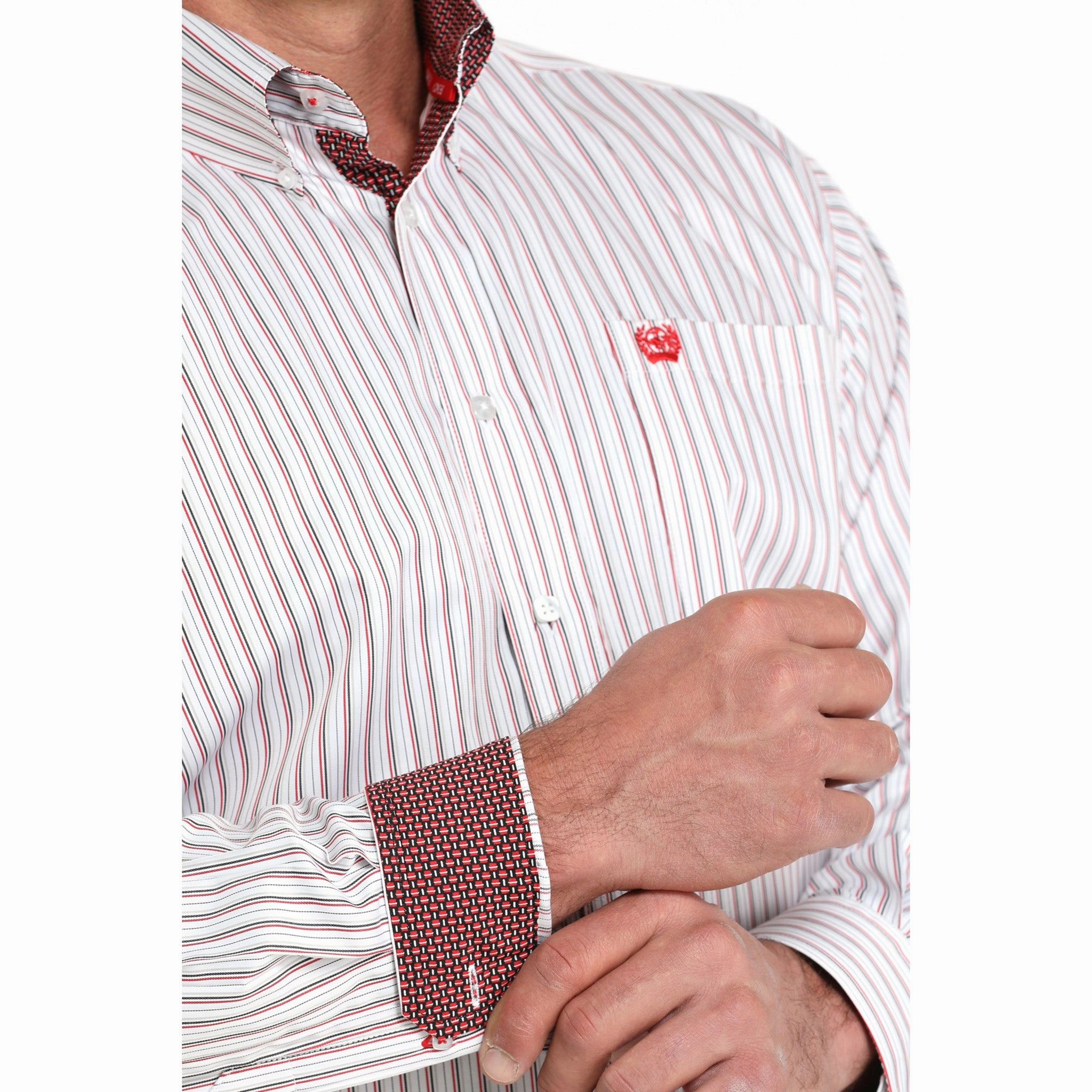 Cinch Red and White Pin-Stripe Long Sleeve Waffle Weave Weekend Casual