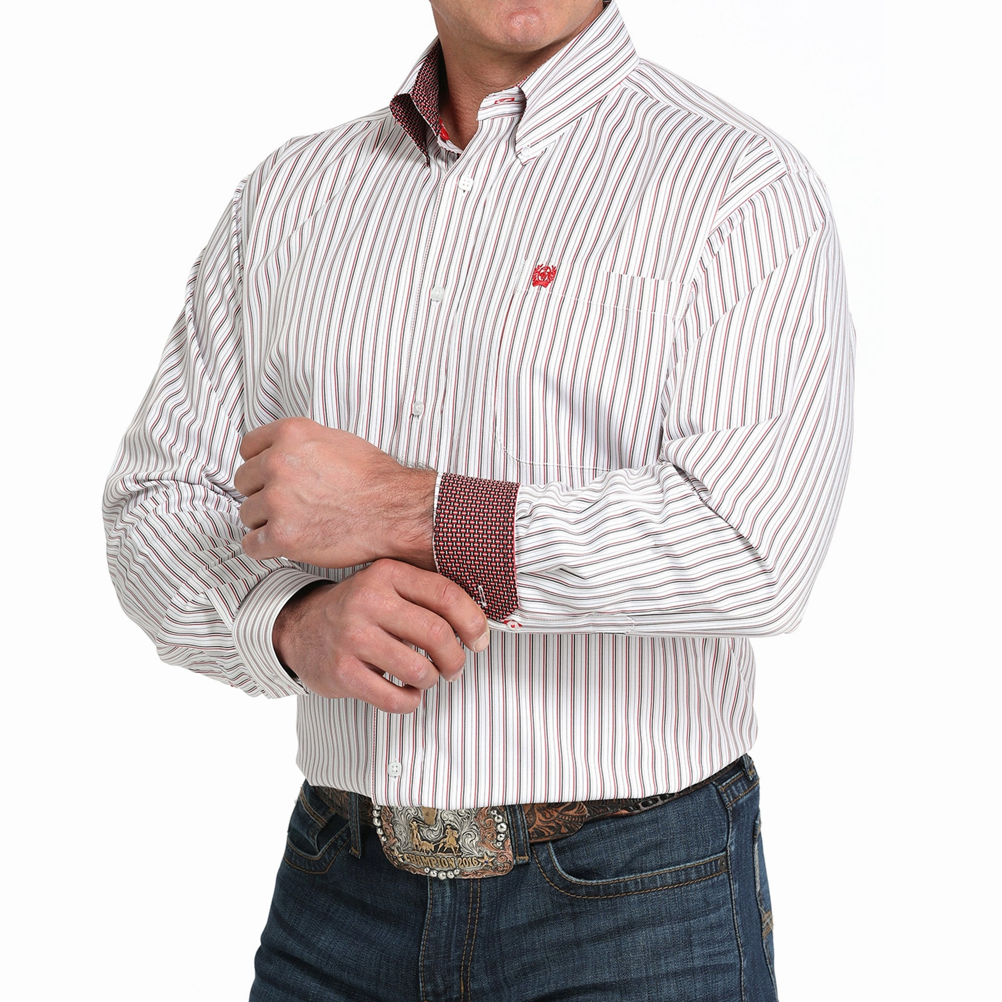 Cinch Red and White Pin-Stripe Long Sleeve Daytime Look First Date