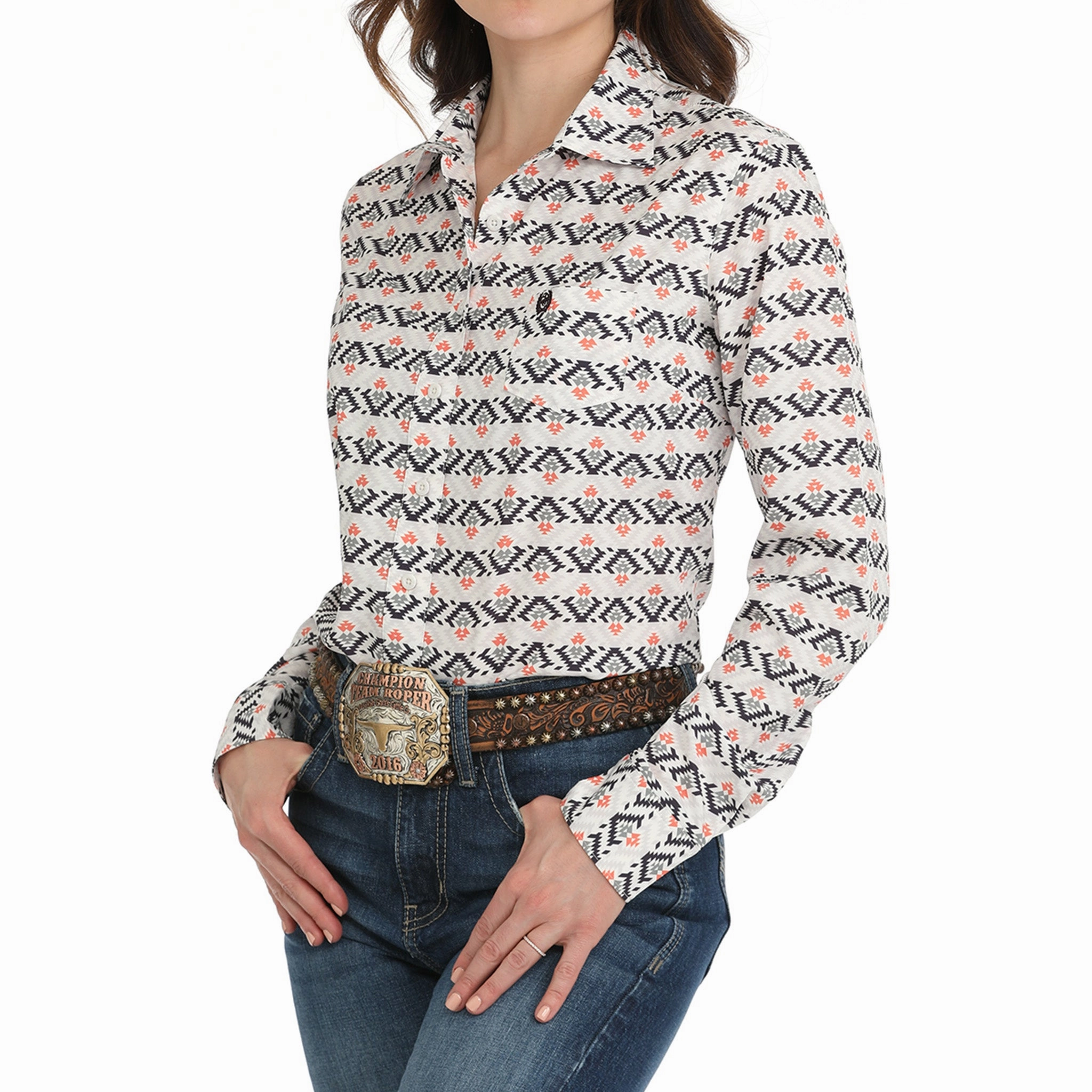 Cinch White, Black, Gray & Coral Aztec Button-Up Shirt AntiStatic Weave