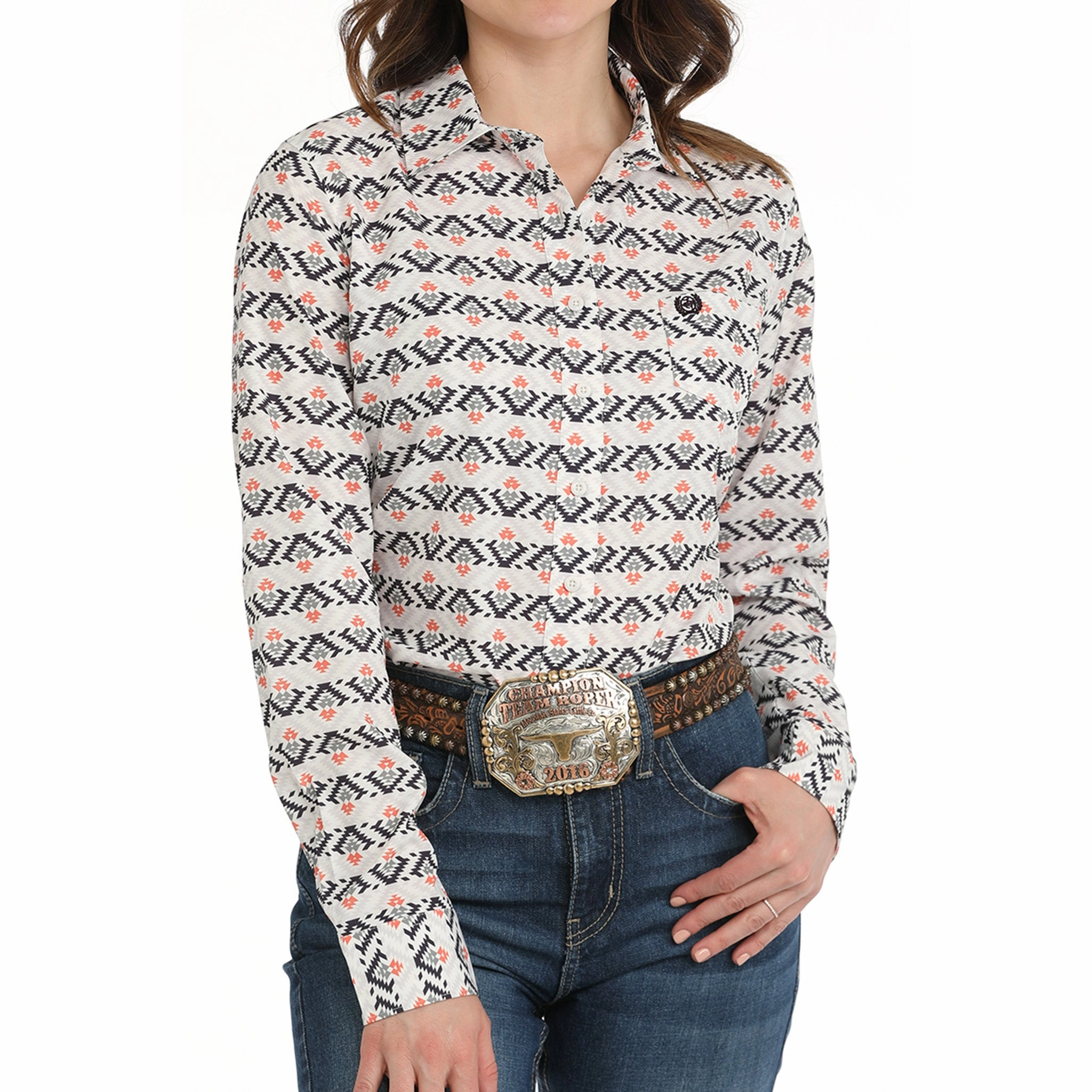 Moisture Wicking Fabric Quick Dry Fabric Cinch White, Black, Gray & Coral Aztec Button-Up Shirt