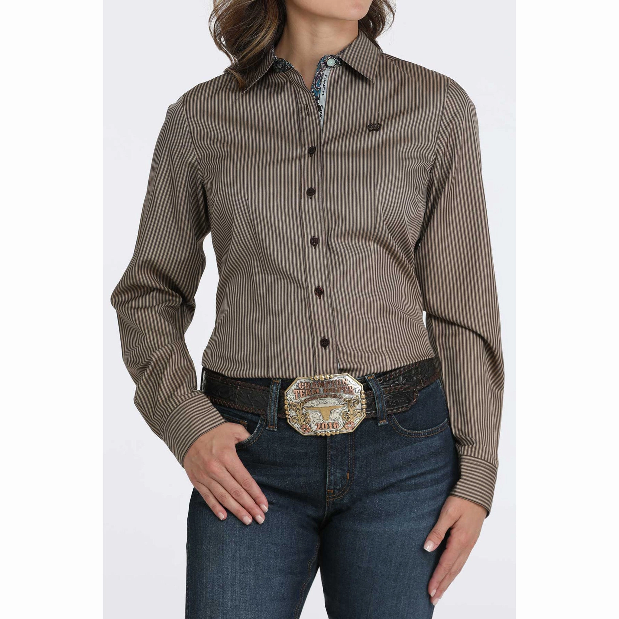 Cinch Women's Brown/Tan Striped Long Sleeve Button Down AntiPill Finish
