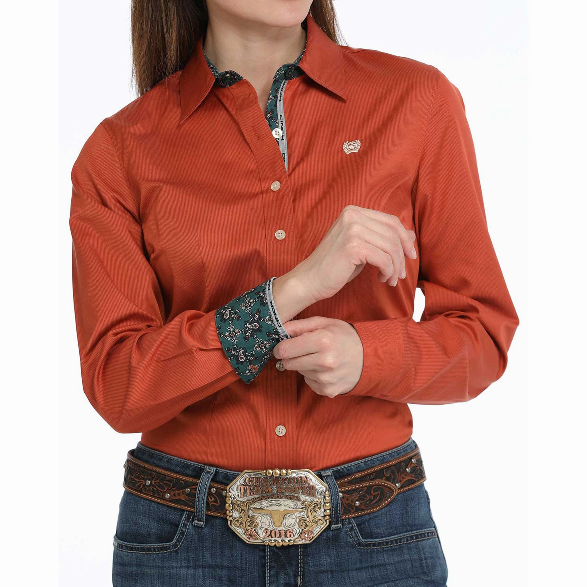 Cinch Women's Copper Micro Stripe Tencel Long Sleeve Buttery Soft Feel