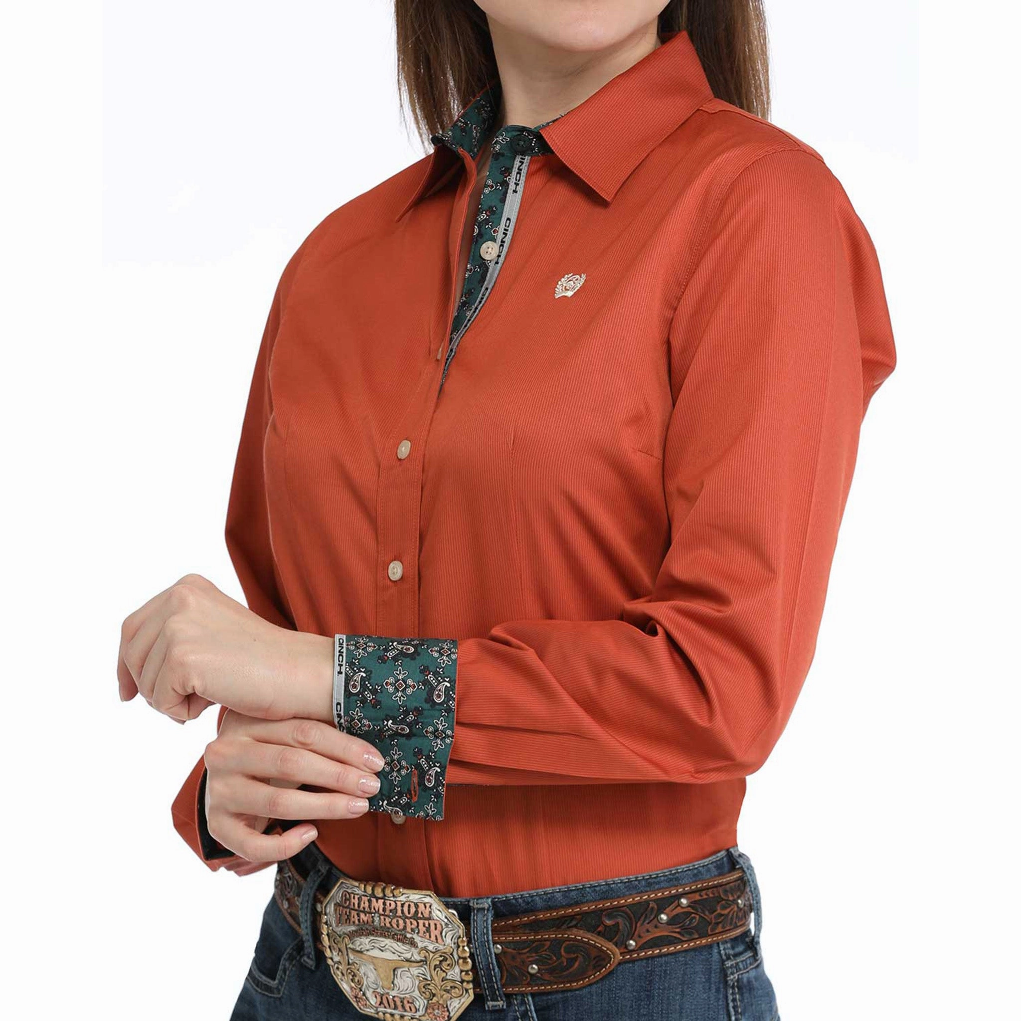 Long Sleeve Polo RawHemDetail Cinch Women's Copper Micro Stripe Tencel Long Sleeve