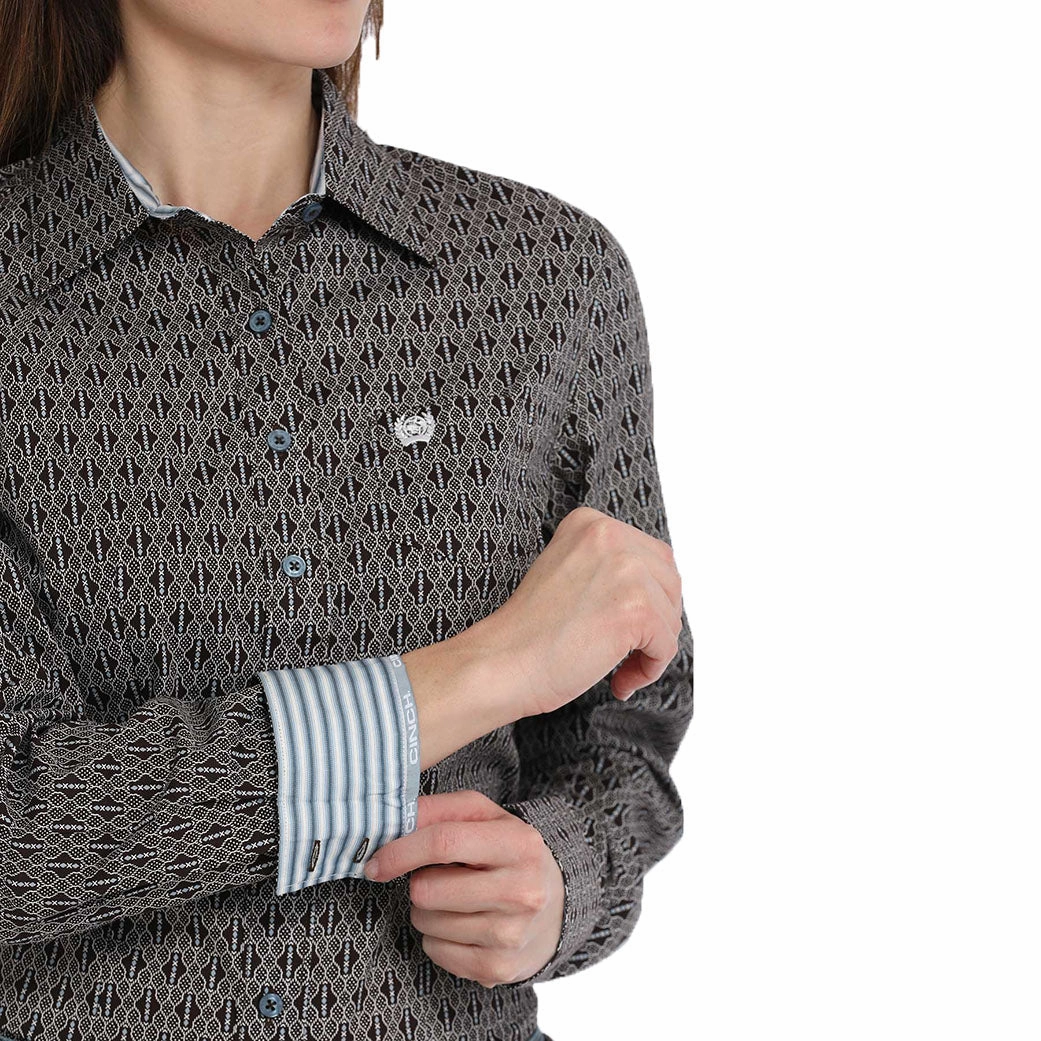 Cinch Women's Geometric Print Button Down Long Sleeve FlexibleCuff Fray Resistant Edges