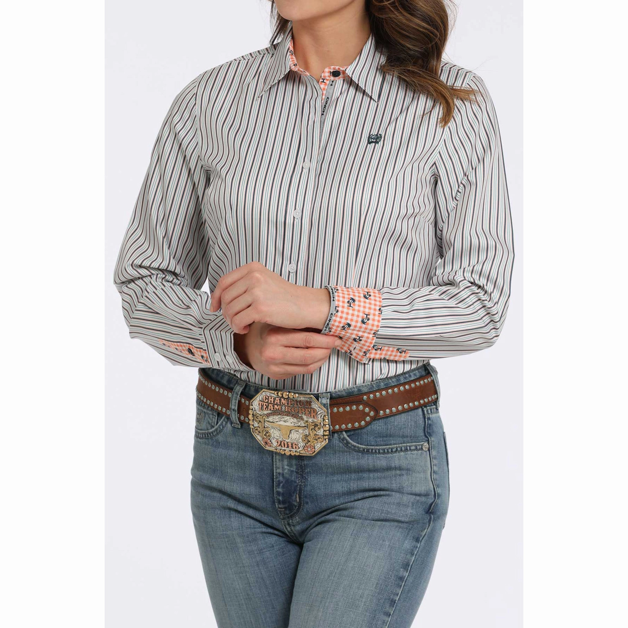 SublimatedPrint Cinch Women's Long Sleeve White Stripe Button Down