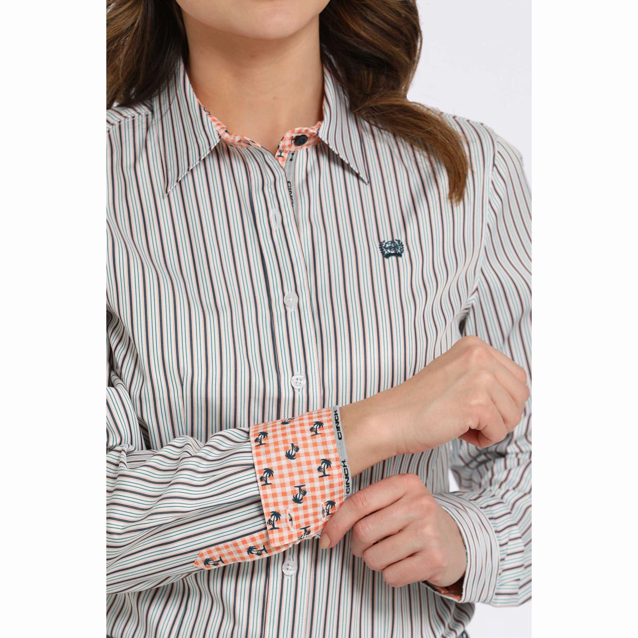 Cinch Women's Long Sleeve White Stripe Button Down LowProfileSeams