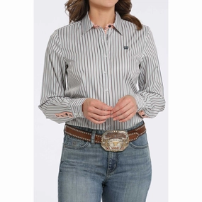 Cinch Women's Long Sleeve White Stripe Button Down standard fit