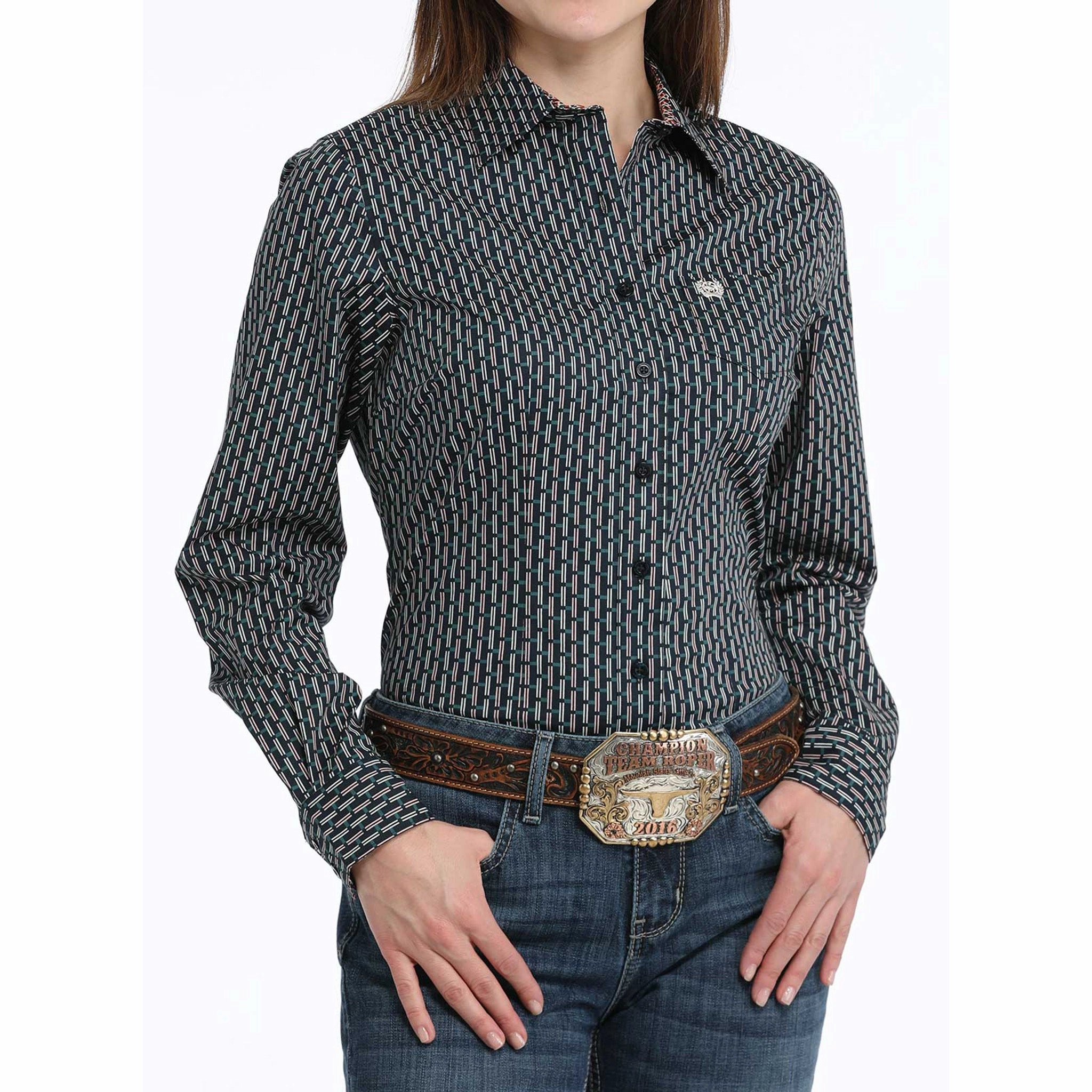 Flatlock Stitching Technique Cinch Women's Navy Geo Print Long Sleeve Shirt