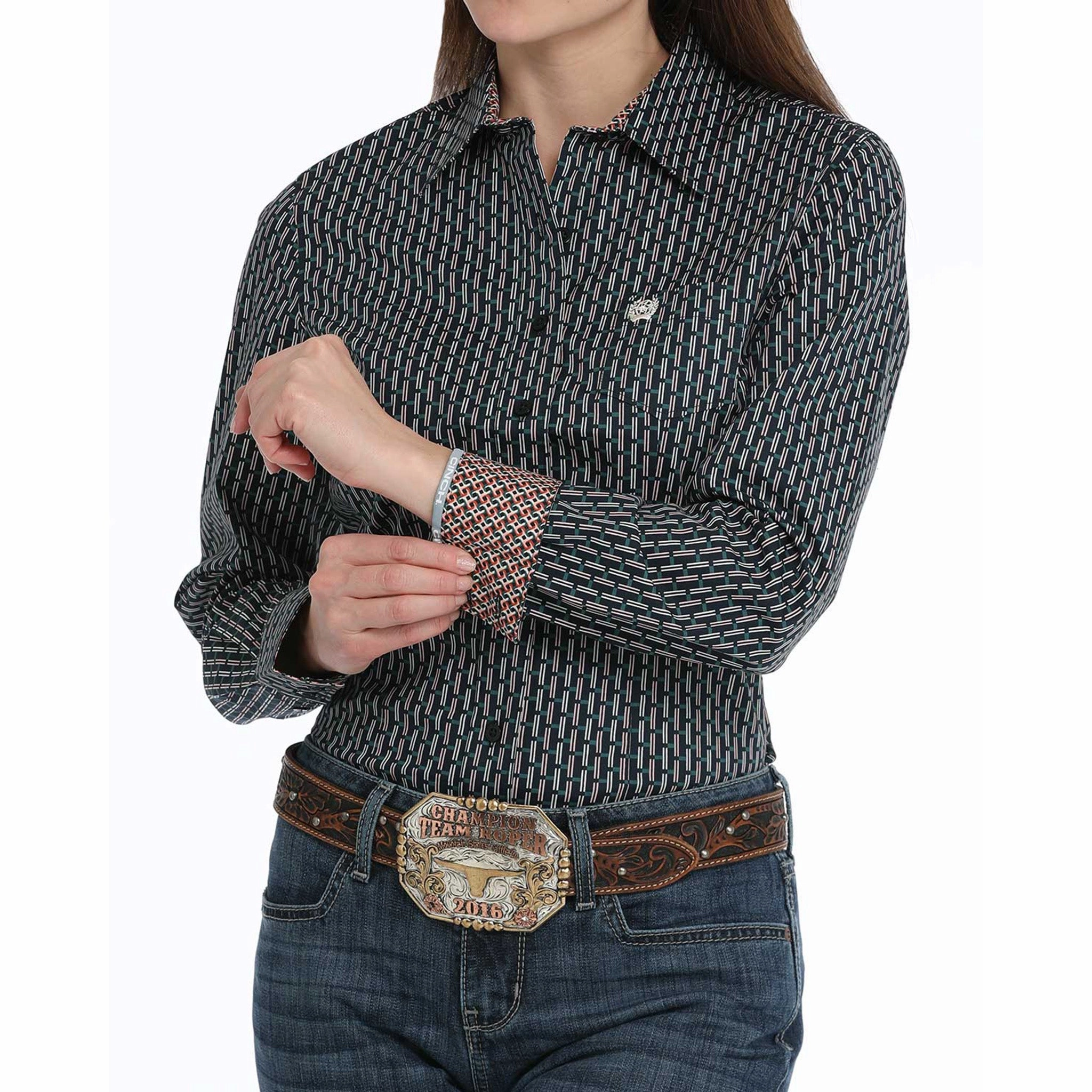 Cinch Women's Navy Geo Print Long Sleeve Shirt Lightweight Layering Option