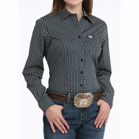 Flatlock Stitching Technique Cinch Women's Navy Geo Print Long Sleeve Shirt