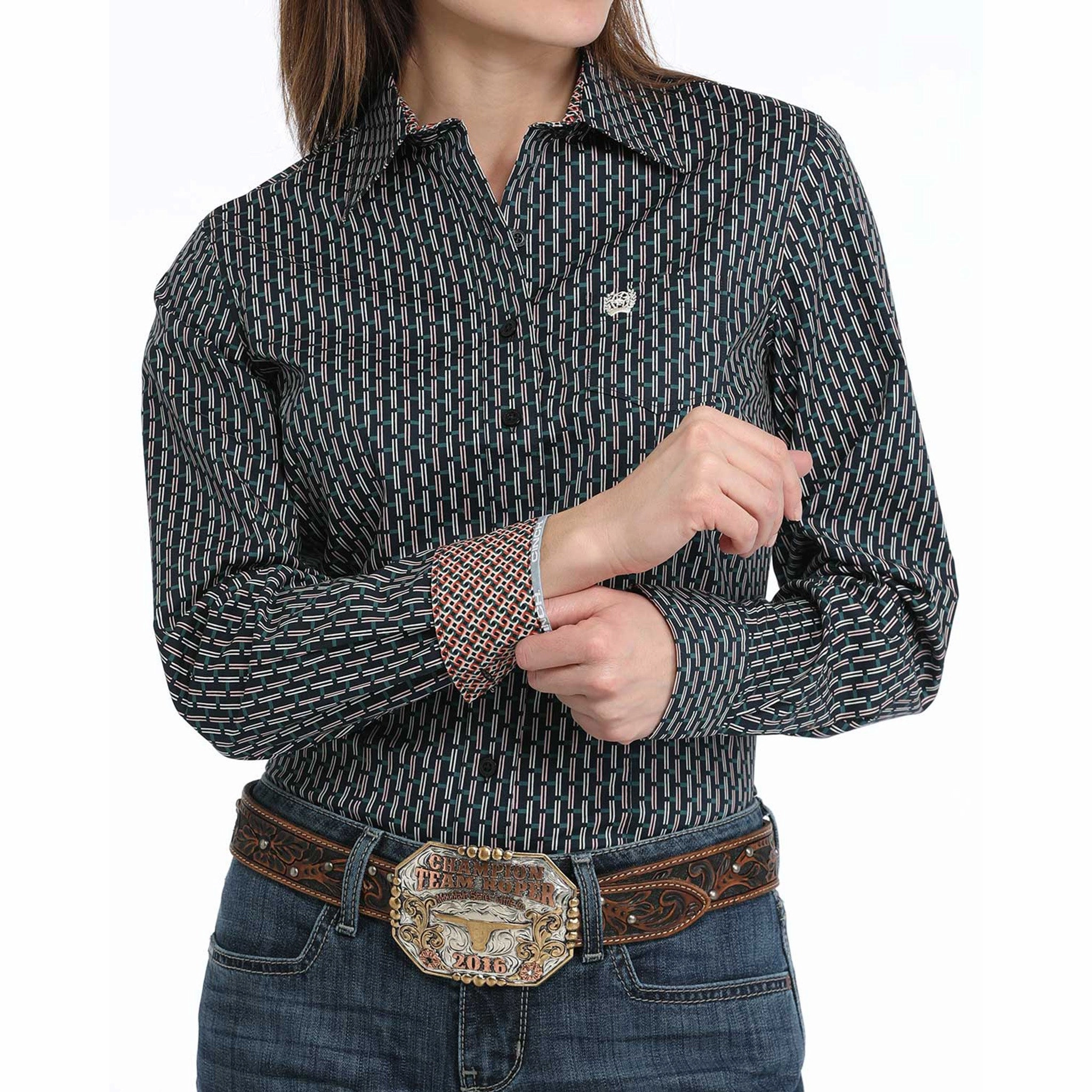 ResilientStretch TaglessComfort Cinch Women's Navy Geo Print Long Sleeve Shirt