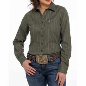 EcoFriendlyMaterial Cinch Women's Olive With Light Turquoise Dot-Stripe Long Sleeve