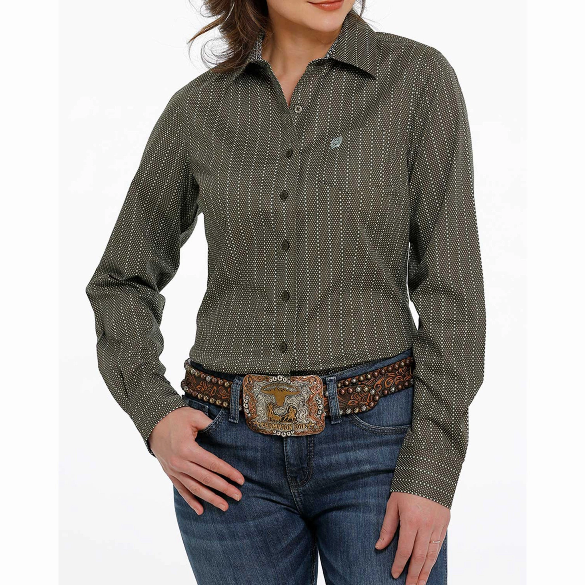 Tear Resistant Fiber Blend Cinch Women's Olive With Light Turquoise Dot-Stripe Long Sleeve