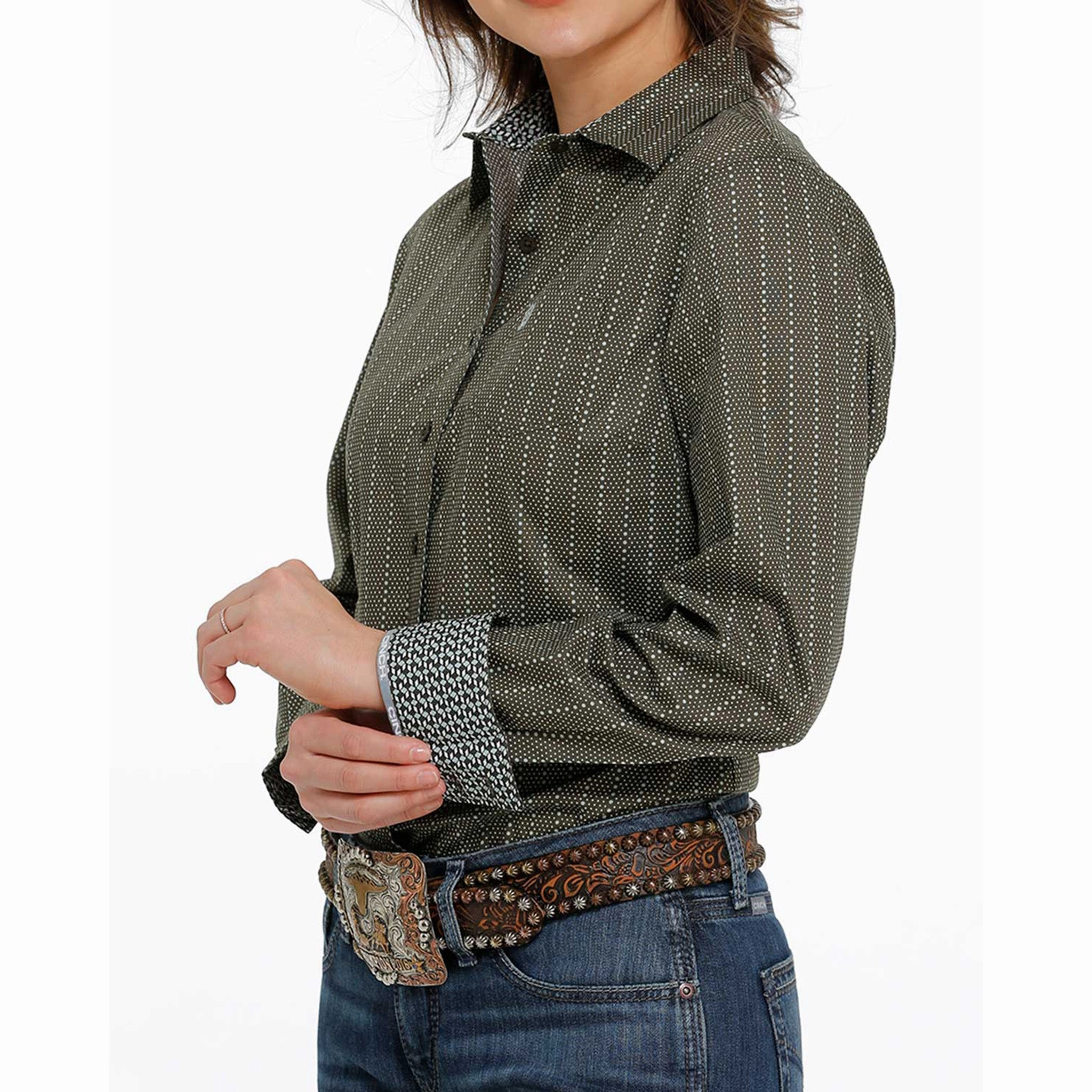 Cinch Women's Olive With Light Turquoise Dot-Stripe Long Sleeve NonPill Surface Treatment