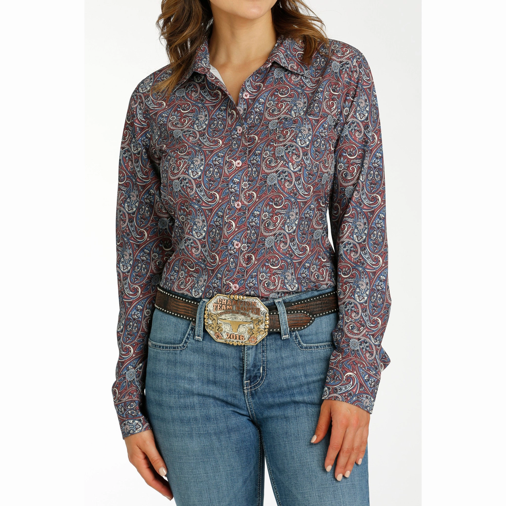 Reinforced Hem Cinch Women's Paisley Burgundy Long Sleeve